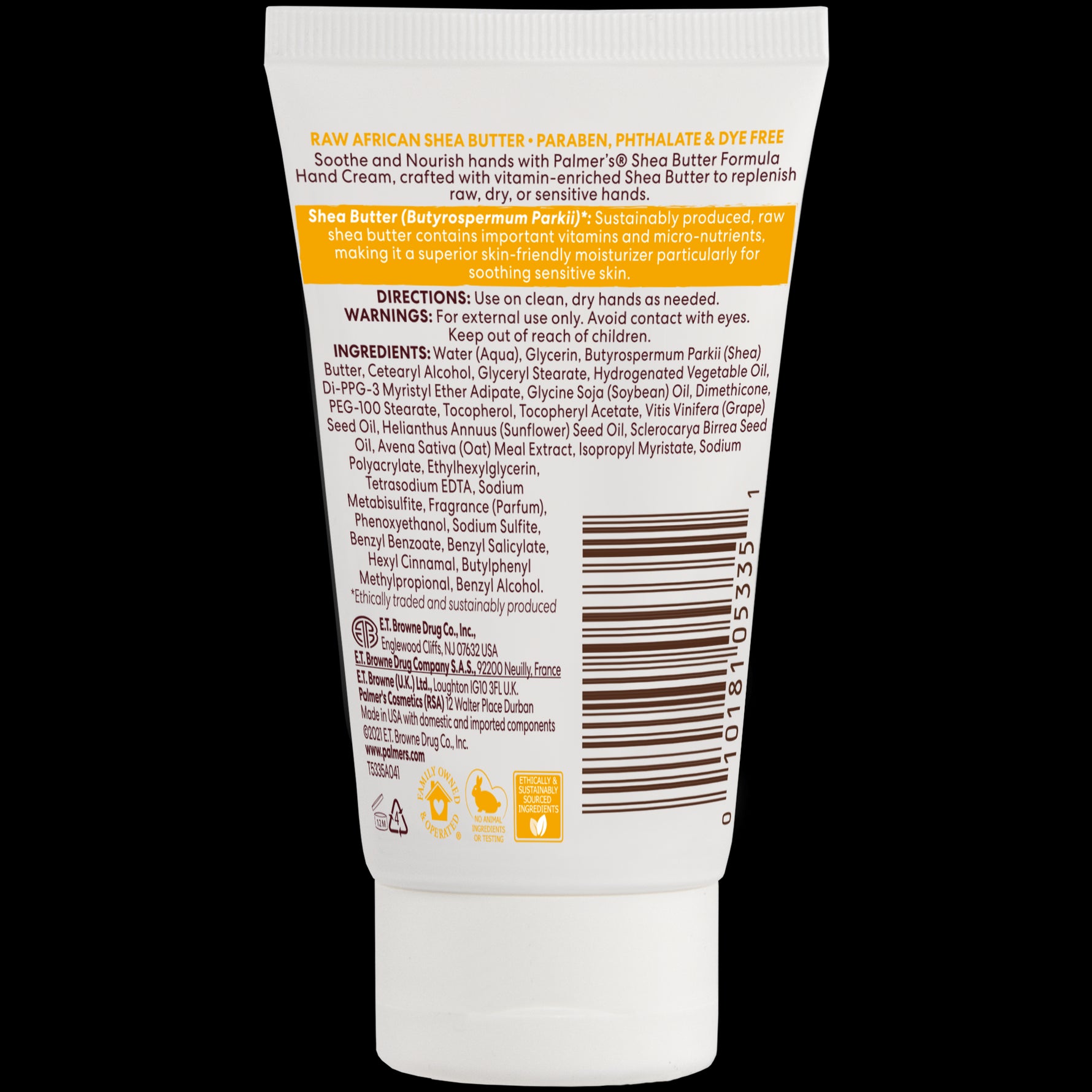 Back label of Raw Shea Nourish Hand Cream tube.