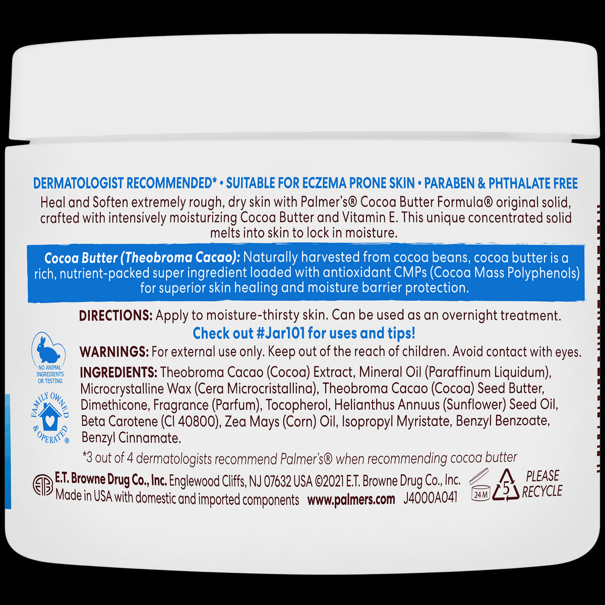 Palmer’s® Cocoa Butter Formula® Original Solid Jar back label.