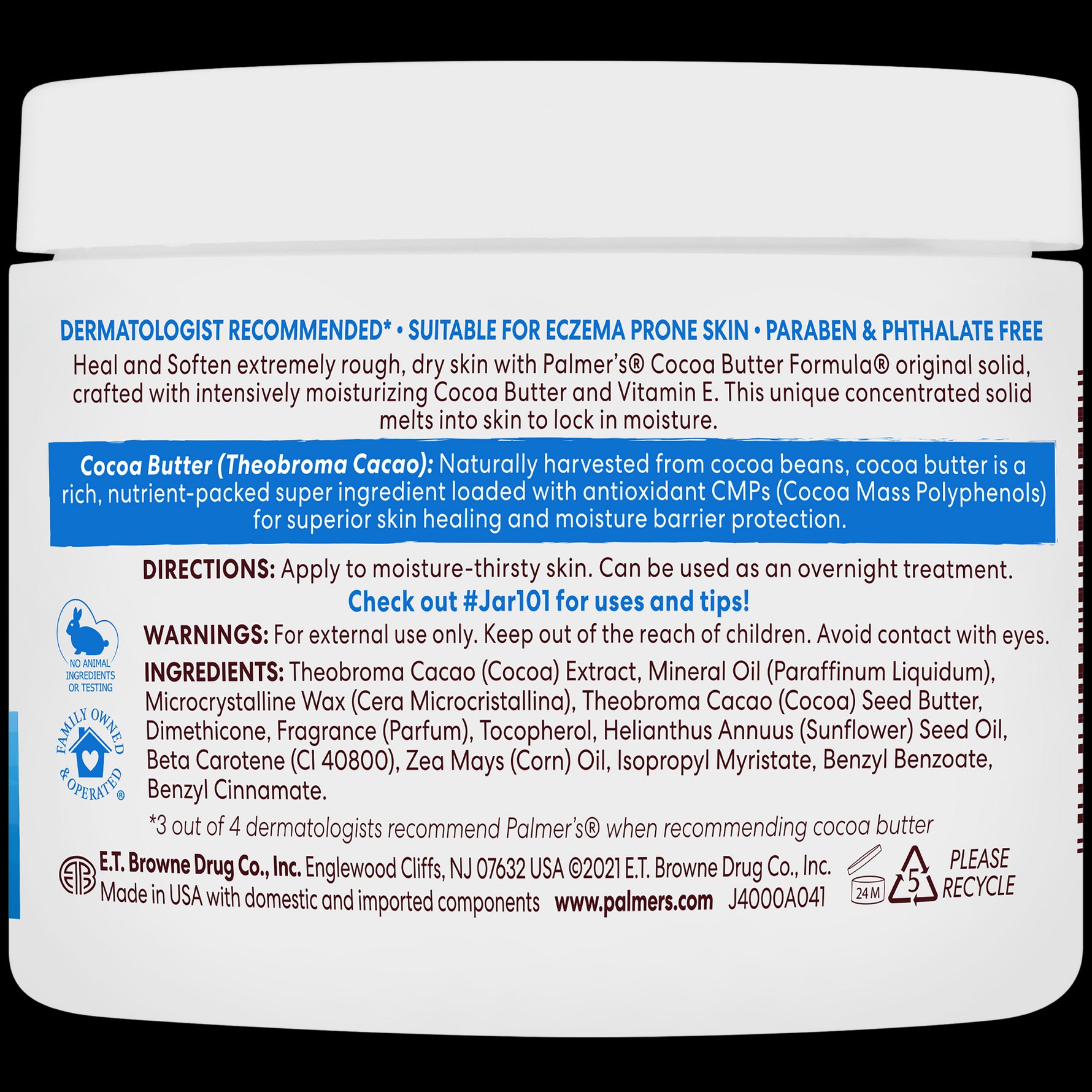 Palmer’s® Cocoa Butter Formula® Original Solid Jar back label.