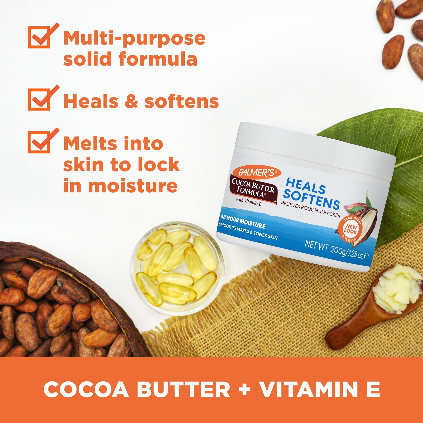 Original Solid Jar with vitamin E capsules, cocoa beans, and leaf.