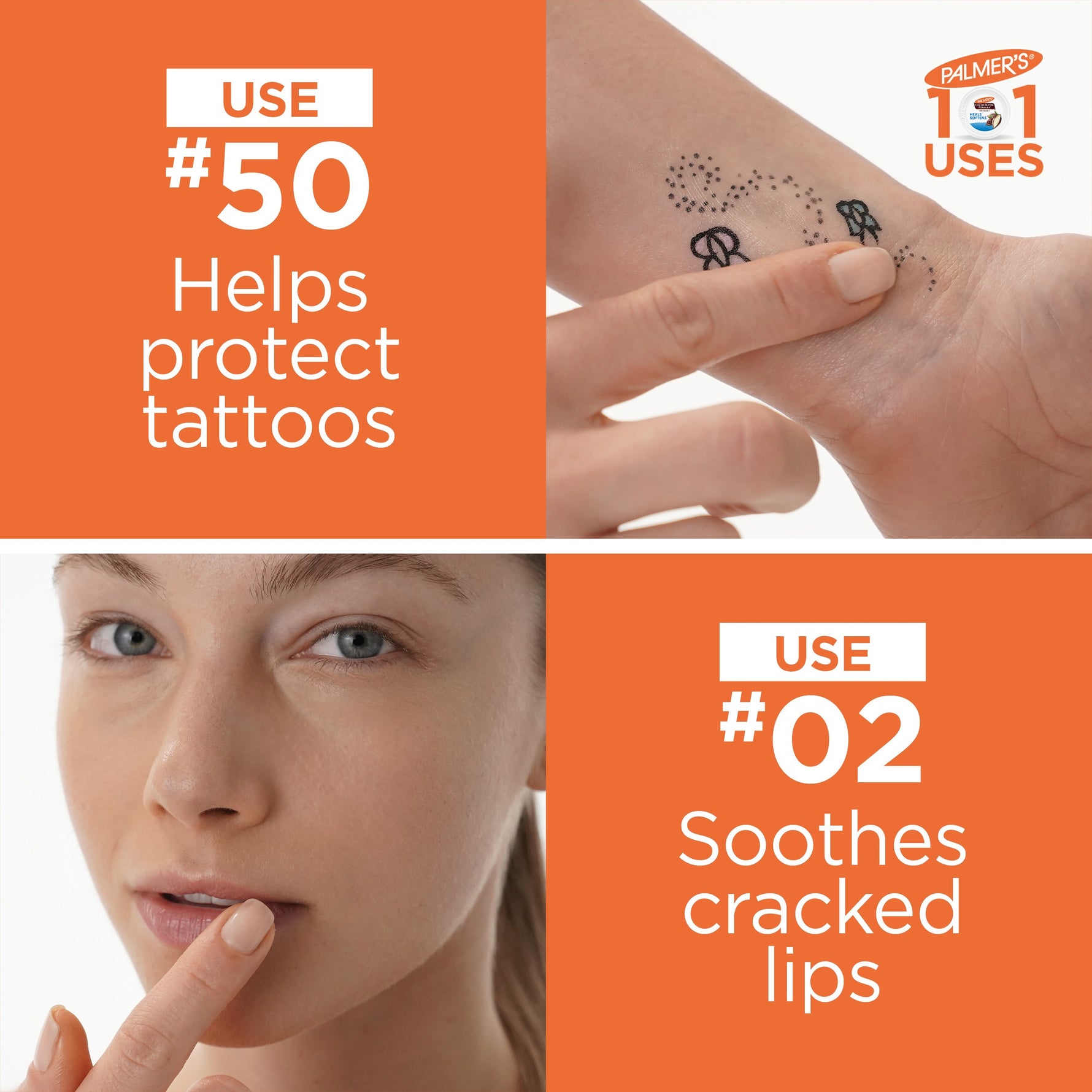 Palmer's Original Solid Jar shown soothing tattoos and cracked lips.