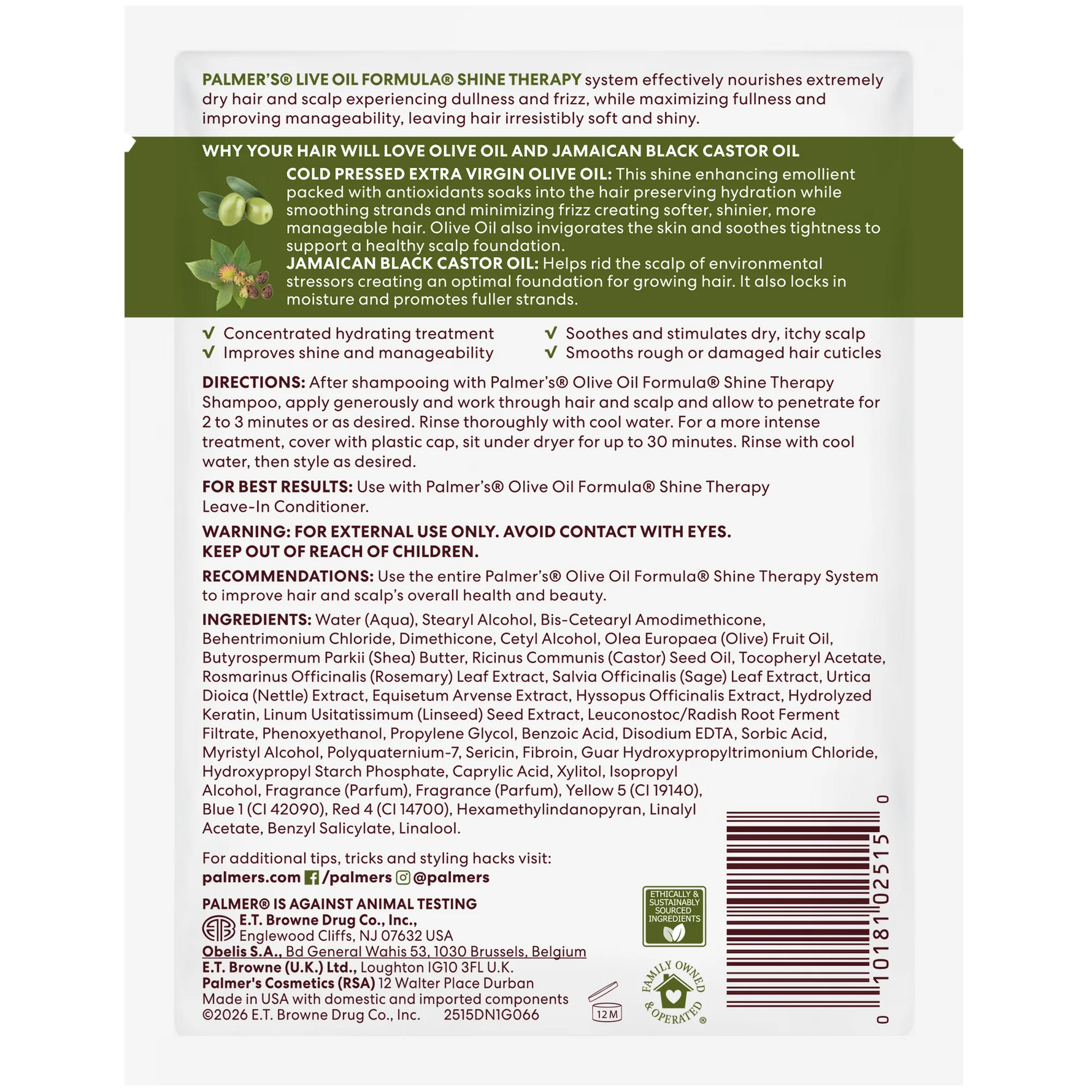 A white informational product sheet for Palmier's Olive Oil Formula Shine Therapy, featuring text sections, icons, and Palmer's logo on a white background.