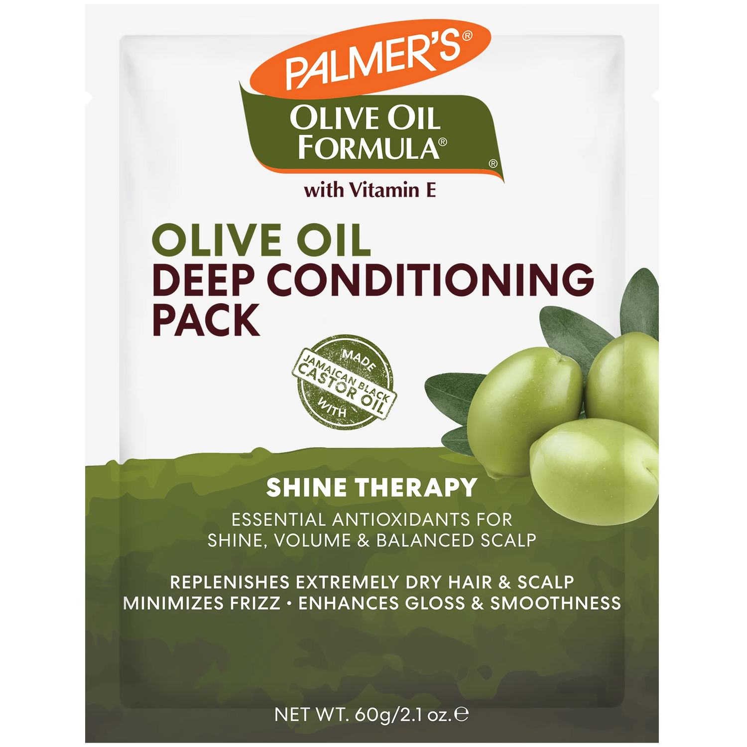 Palmer's Olive Oil Formula Deep Conditioning Pack with Vitamin E, Shine Therapy, in a white and green resealable pouch with olive illustrations.