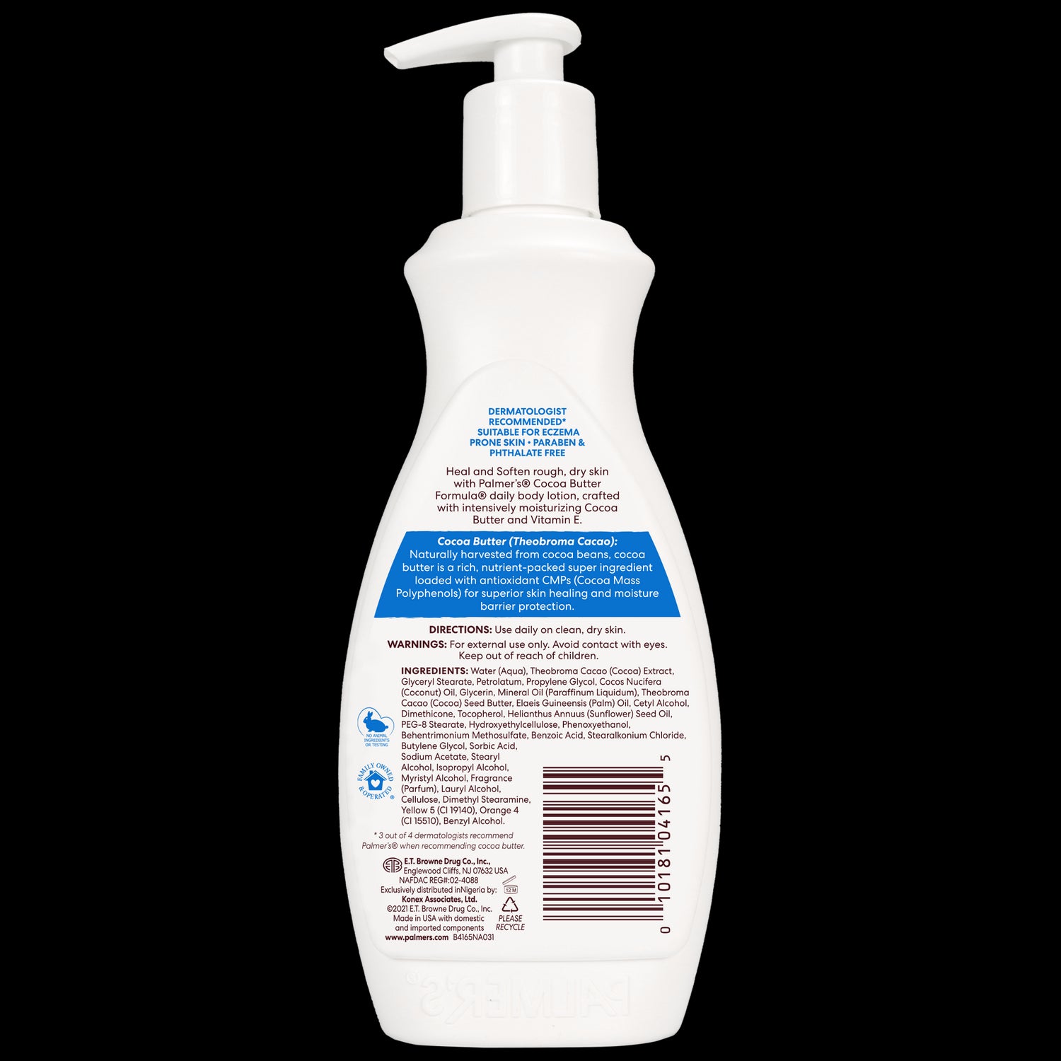 Cocoa Butter Body Care Bundle: Back of Palmer’s lotion bottle with details.