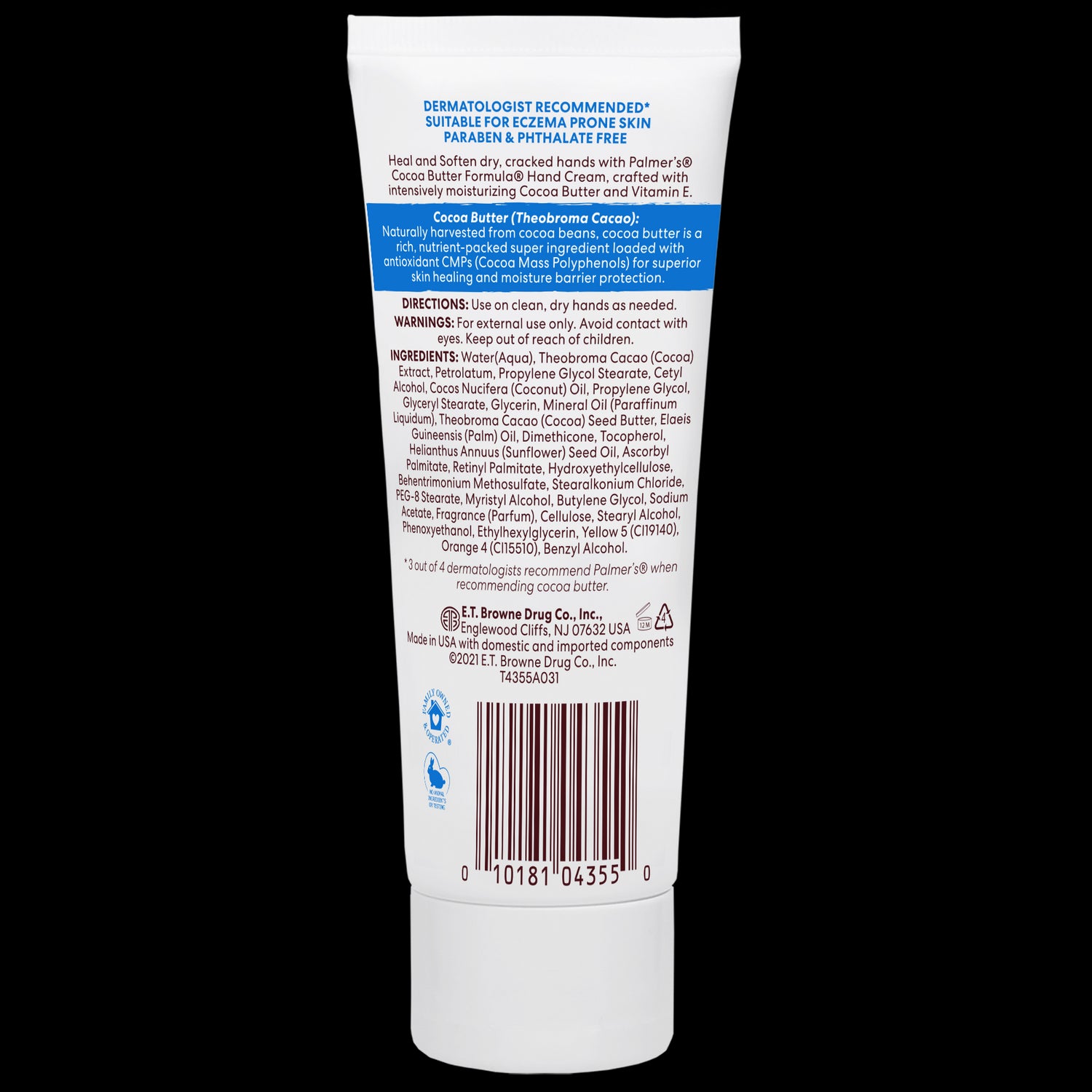 Palmer’s Cocoa Butter Hand Cream back panel with product details and ingredients.