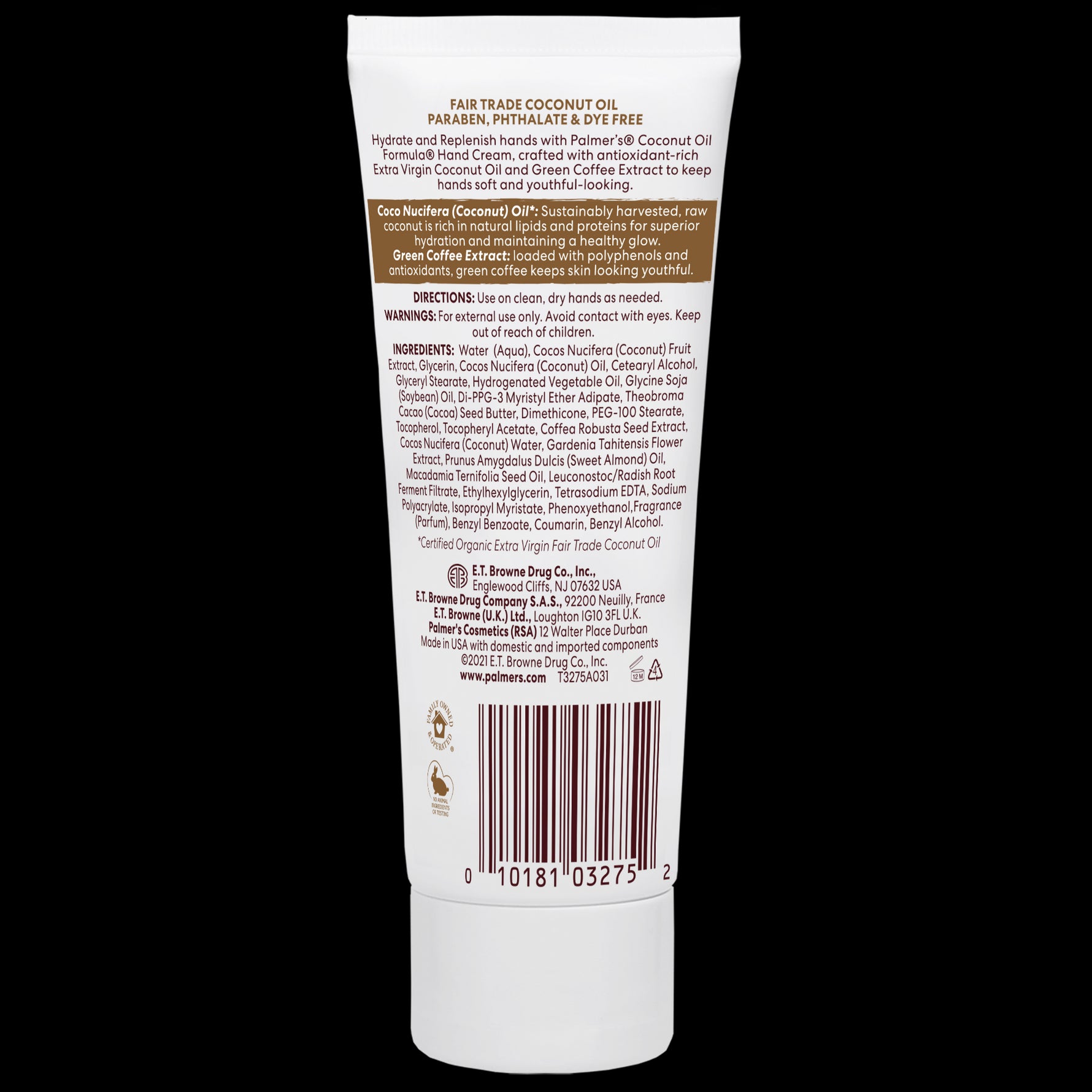 Palmer’s Coconut Hydrate Hand Cream tube with ingredient details.