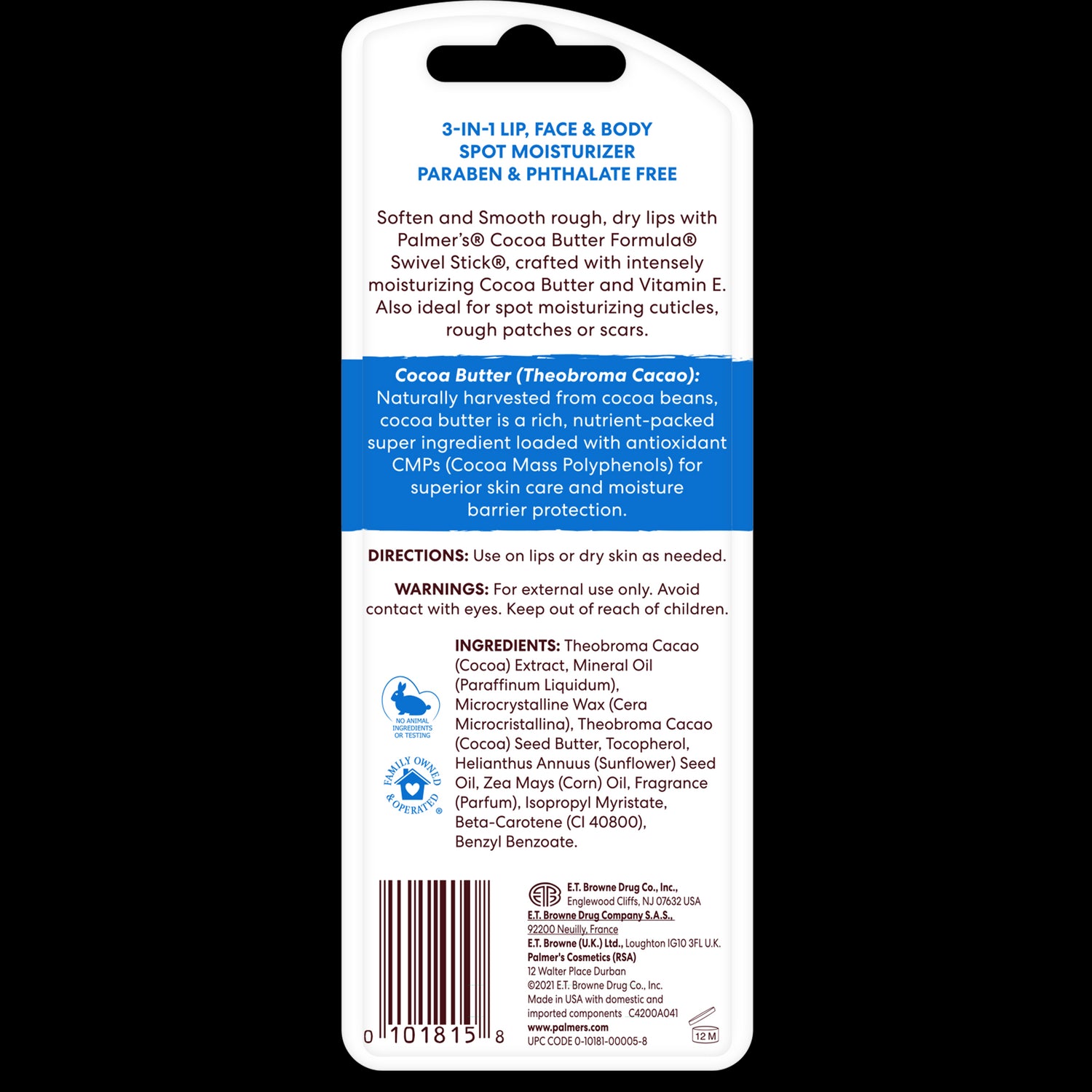 Palmer’s 3-in-1 Cocoa Butter Swivel Stick packaging details.