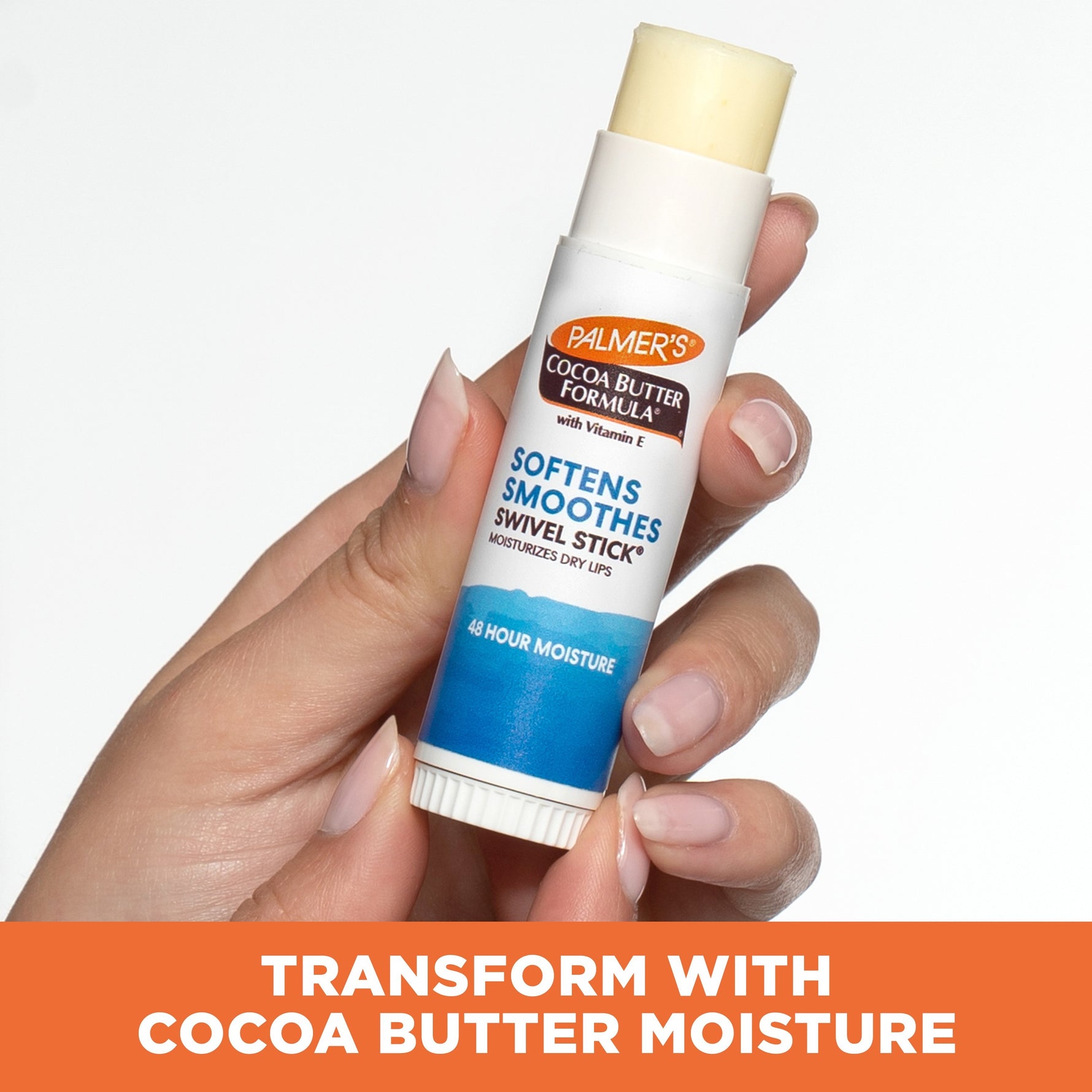 Hand holding Palmer’s Swivel Stick lip balm for 48-hour moisture.