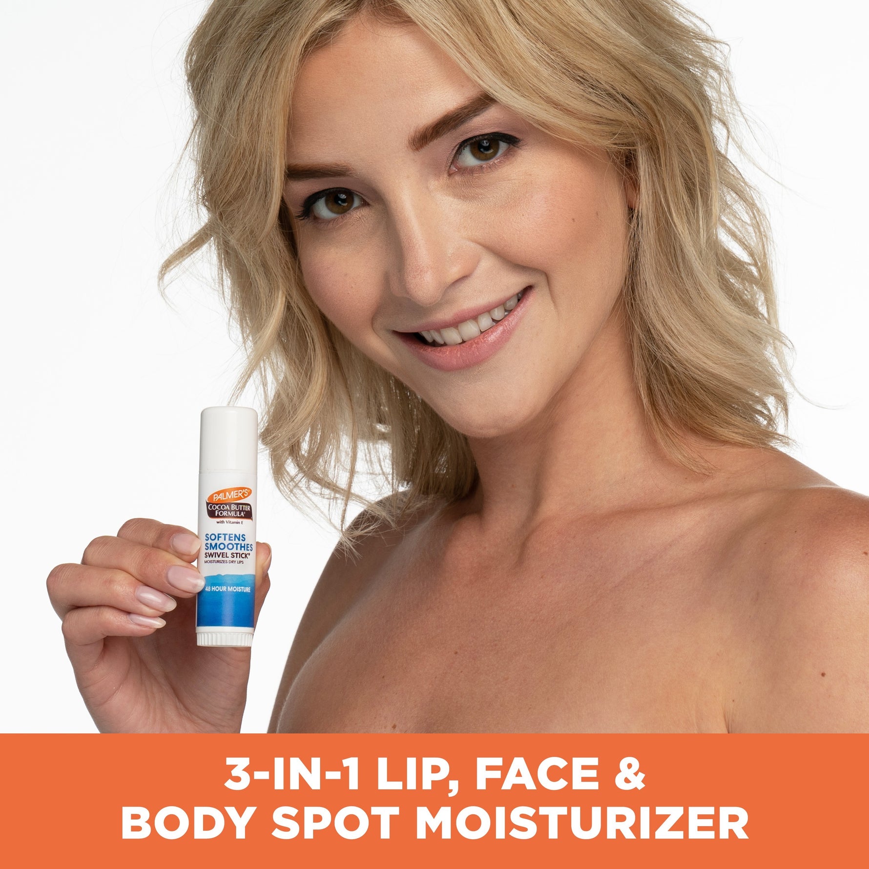 Woman holding Palmer's Swivel Stick, a 3-in-1 moisturizer.
