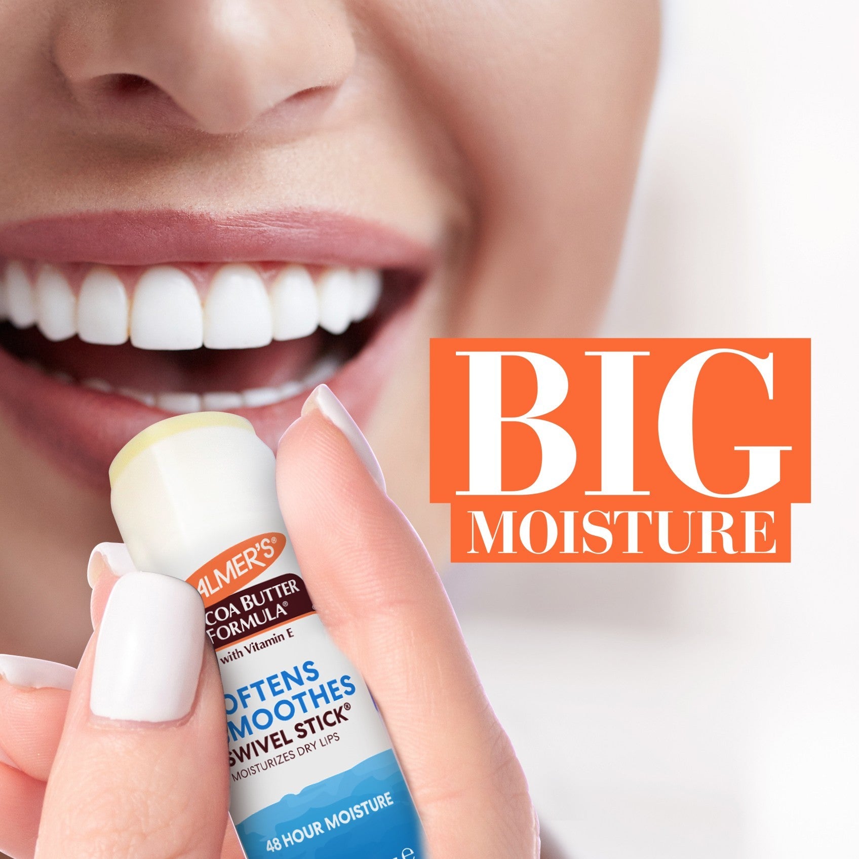 Smiling mouth holding Palmer’s Swivel Stick lip balm.