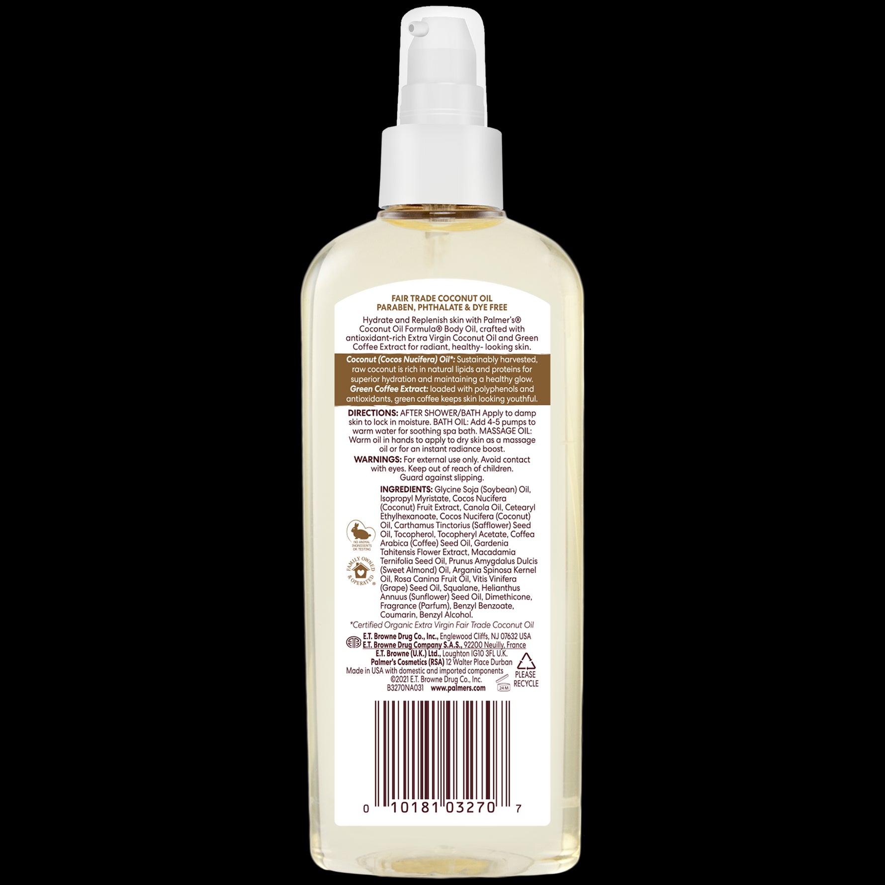 Back-label of Palmer’s Coconut Oil Body Care Bundle bottle.