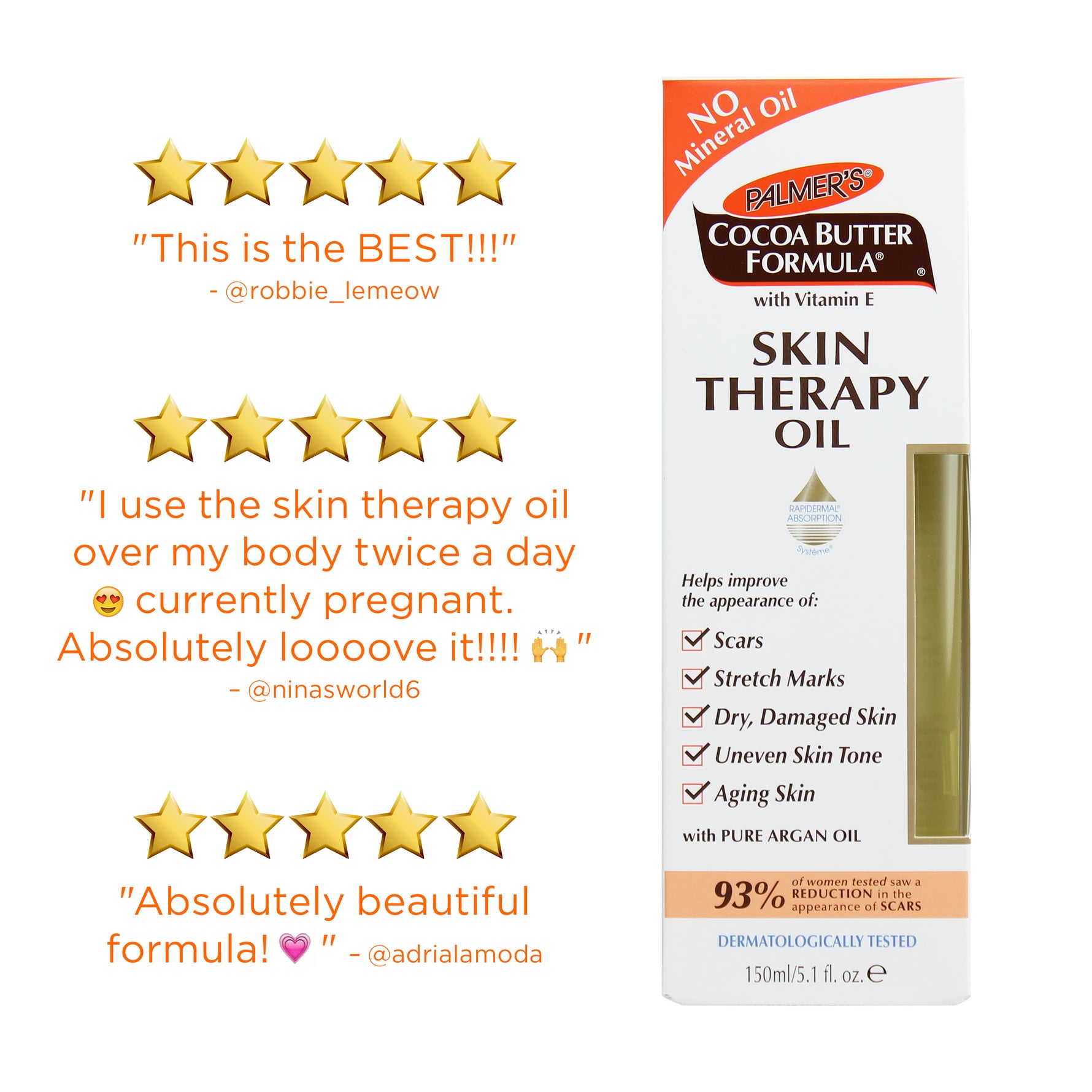 Cocoa Butter Skin Therapy Oil with Vitamin E packaging and testimonials.