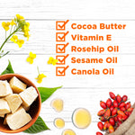 Cocoa Butter Skin Therapy Oil ingredients infographic with natural oils.