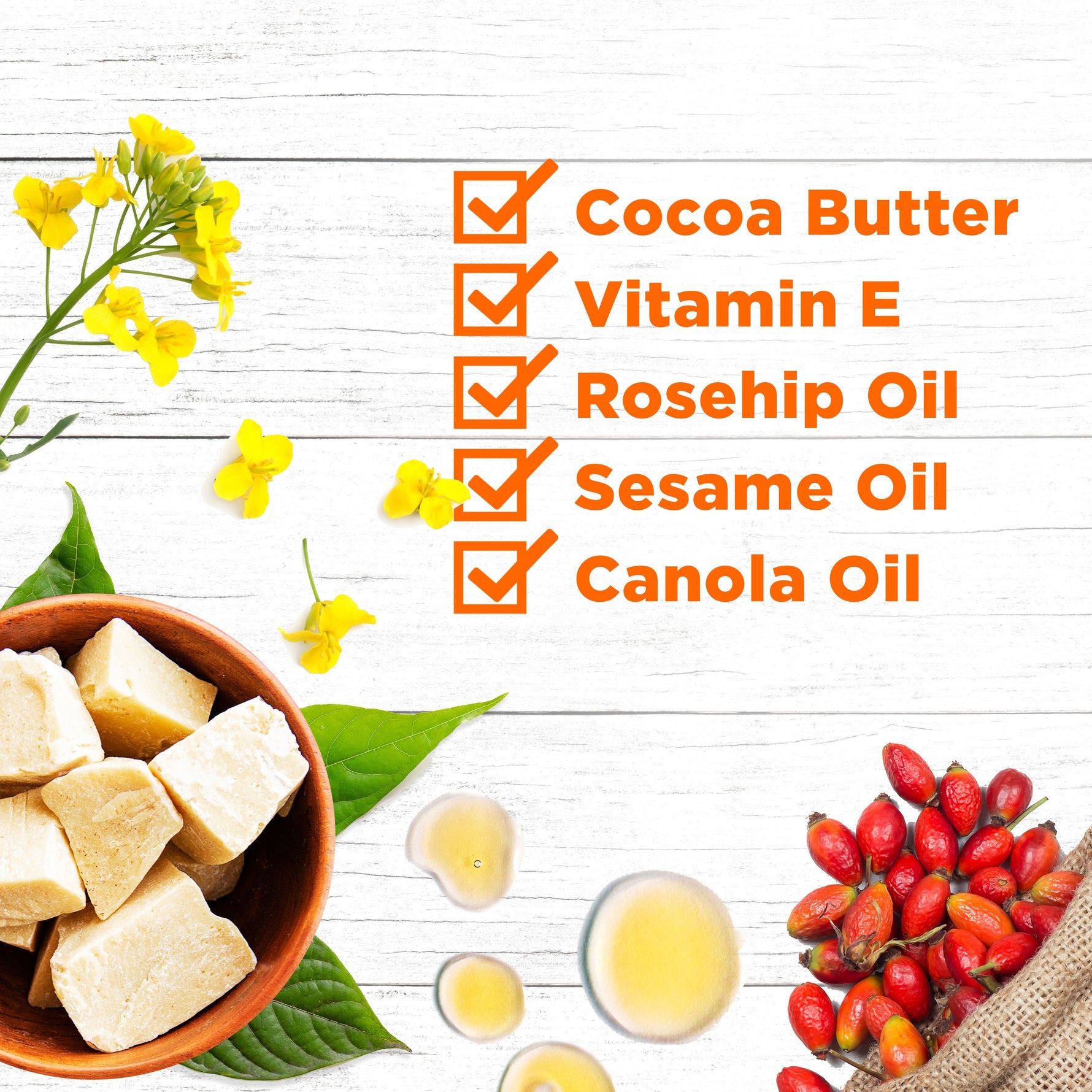 Cocoa Butter Skin Therapy Oil ingredients infographic with natural oils.