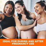 Three pregnant women showcasing Cocoa Butter Skin Therapy Oil.