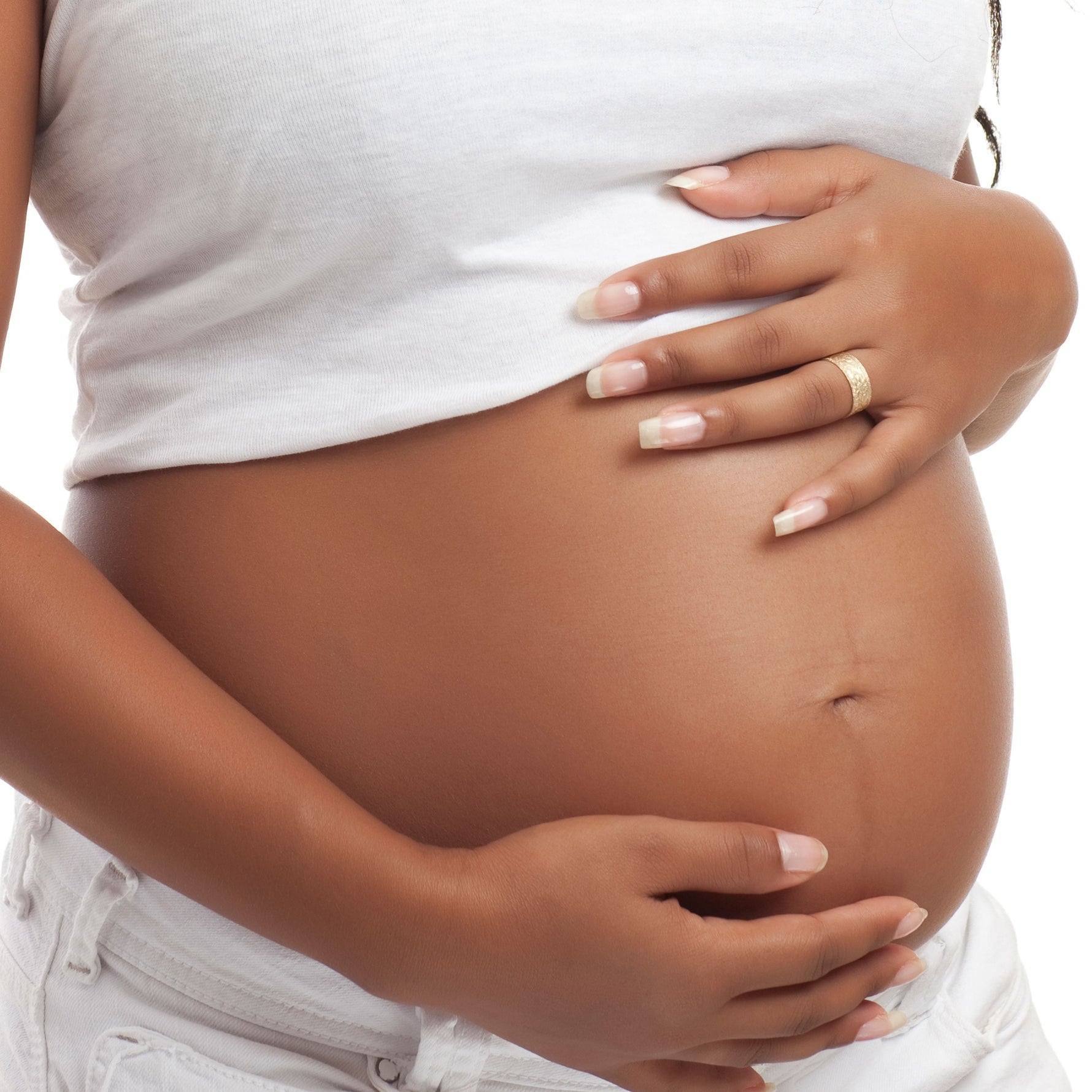 Pregnant woman cradling belly, highlighting Palmer's Mommy To Be Kit.