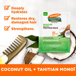 Coconut Oil Protein Pack with coconut halves and a wooden comb.