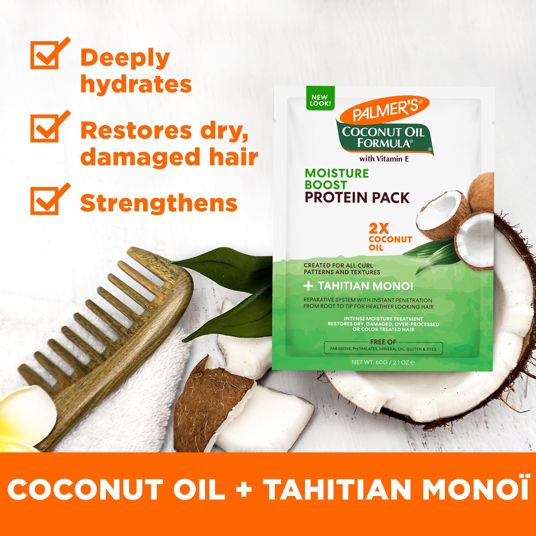 Coconut Oil Protein Pack with coconut halves and a wooden comb.