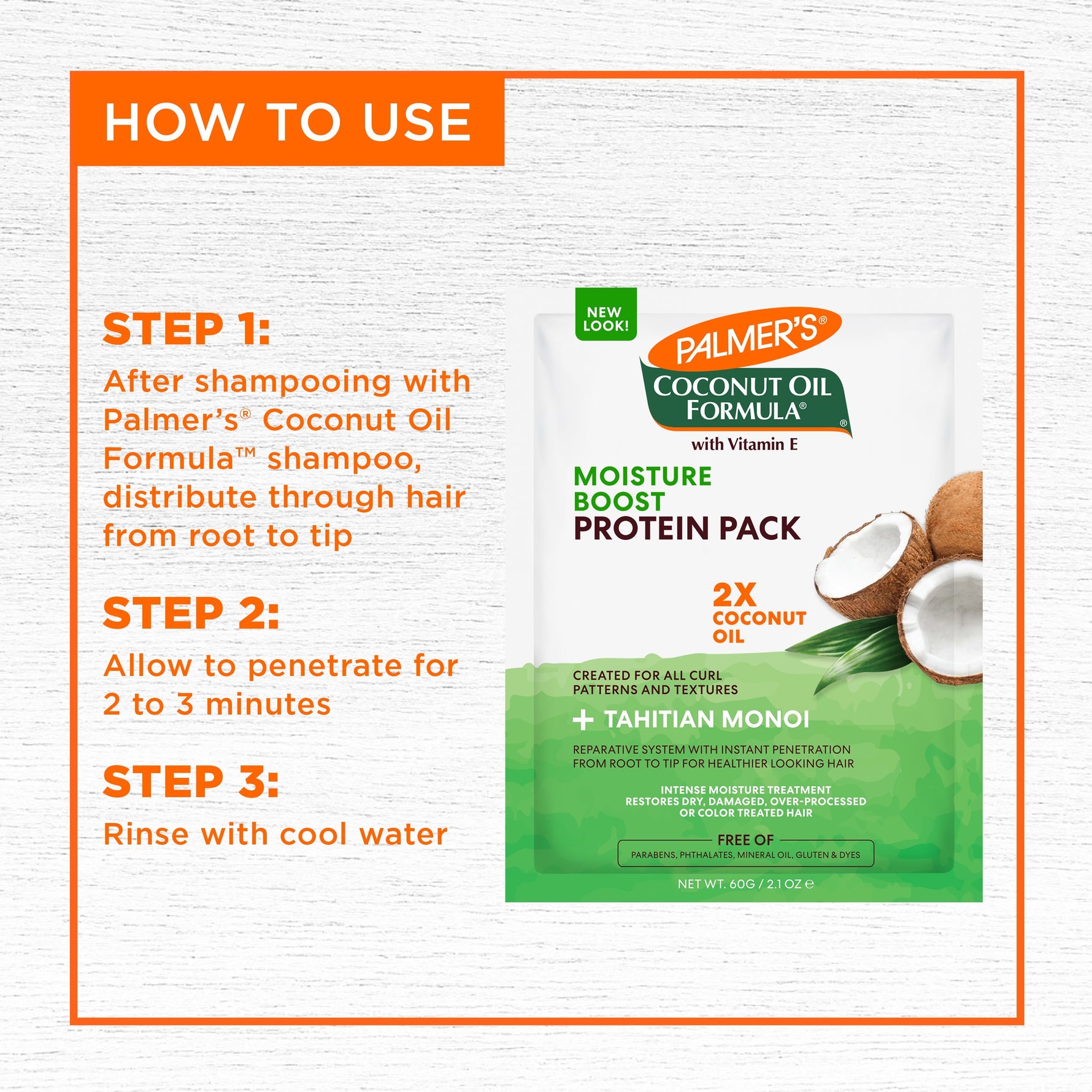 Coconut Oil Protein Pack instructions and packet artwork for hair repair.