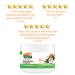 Coconut Oil Gro Treatment jar with glowing customer reviews.
