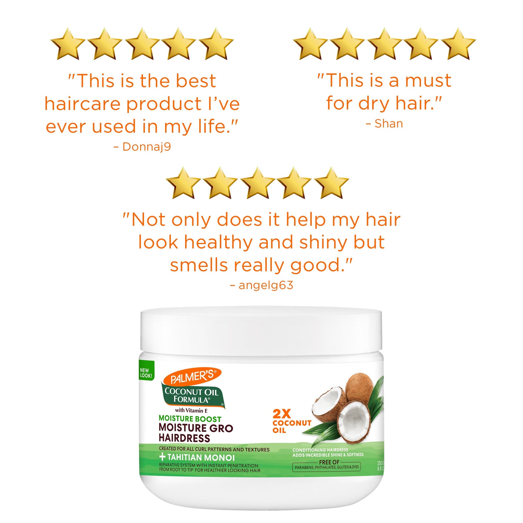 Coconut Oil Gro Treatment jar with glowing customer reviews.