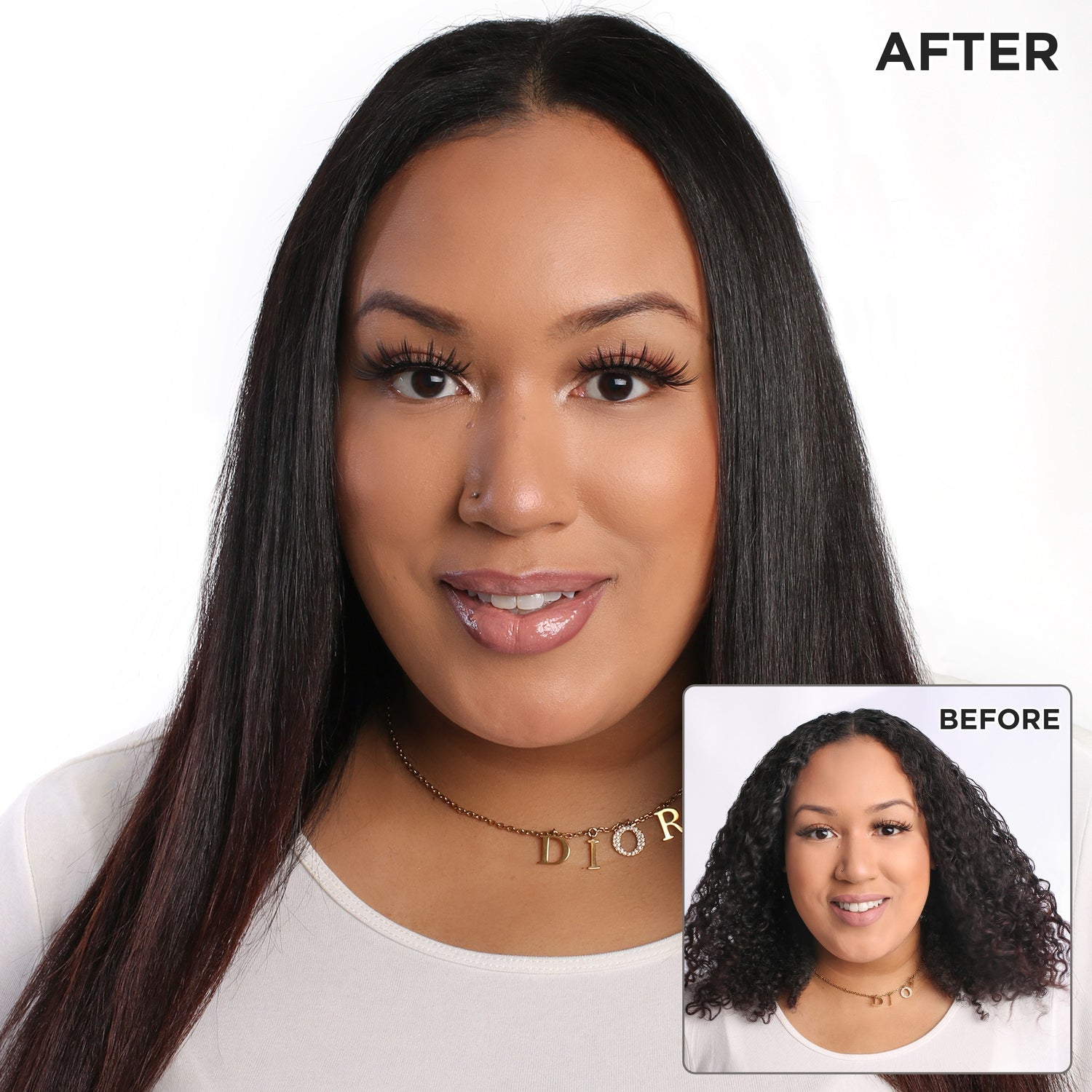 Woman after using Palmer's Olive Oil Shampoo, sleek straightened hair.