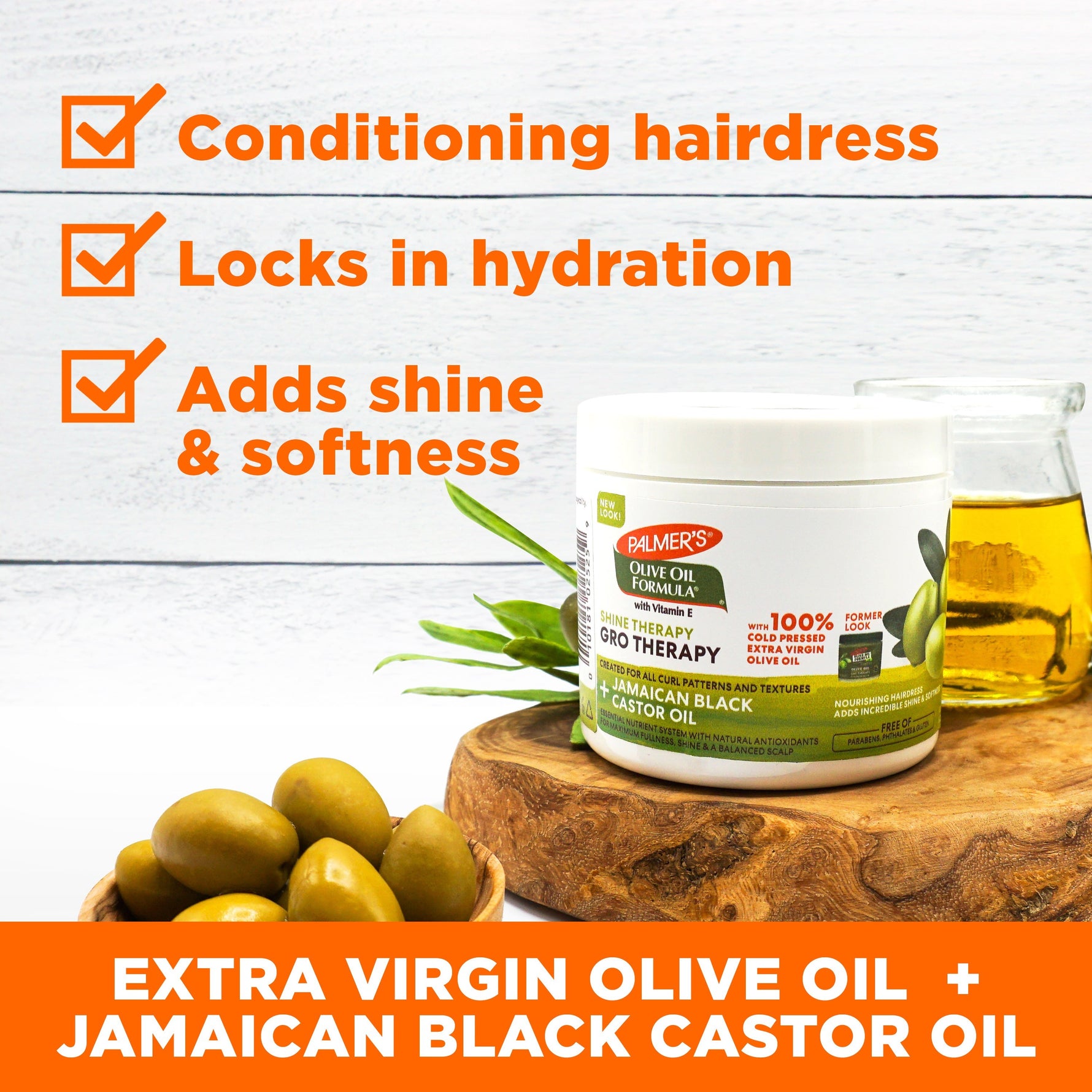Palmer's Olive Oil Gro Therapy with hydrating and shine-enhancing benefits.