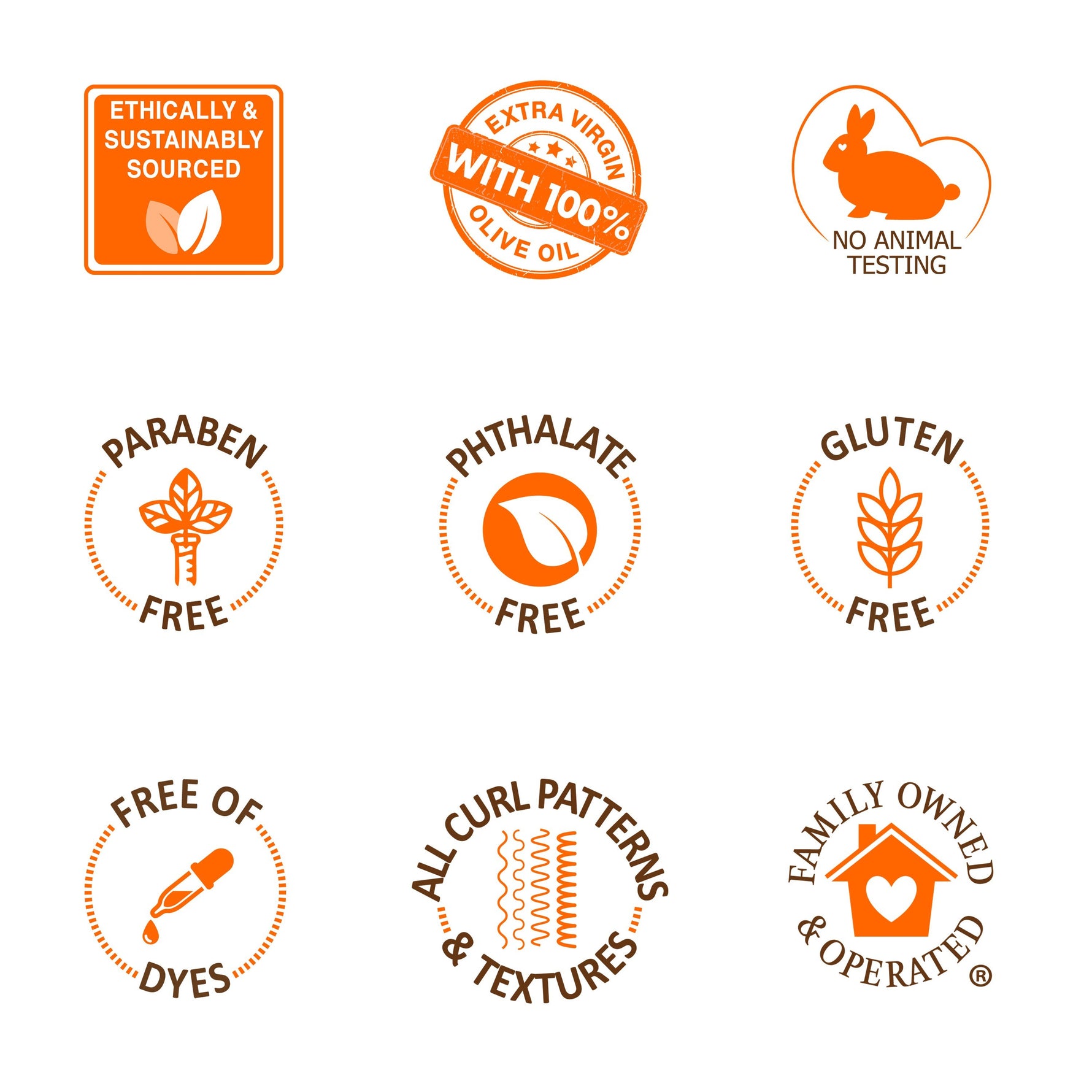 Olive Oil Gro Therapy product attribute badges grid.
