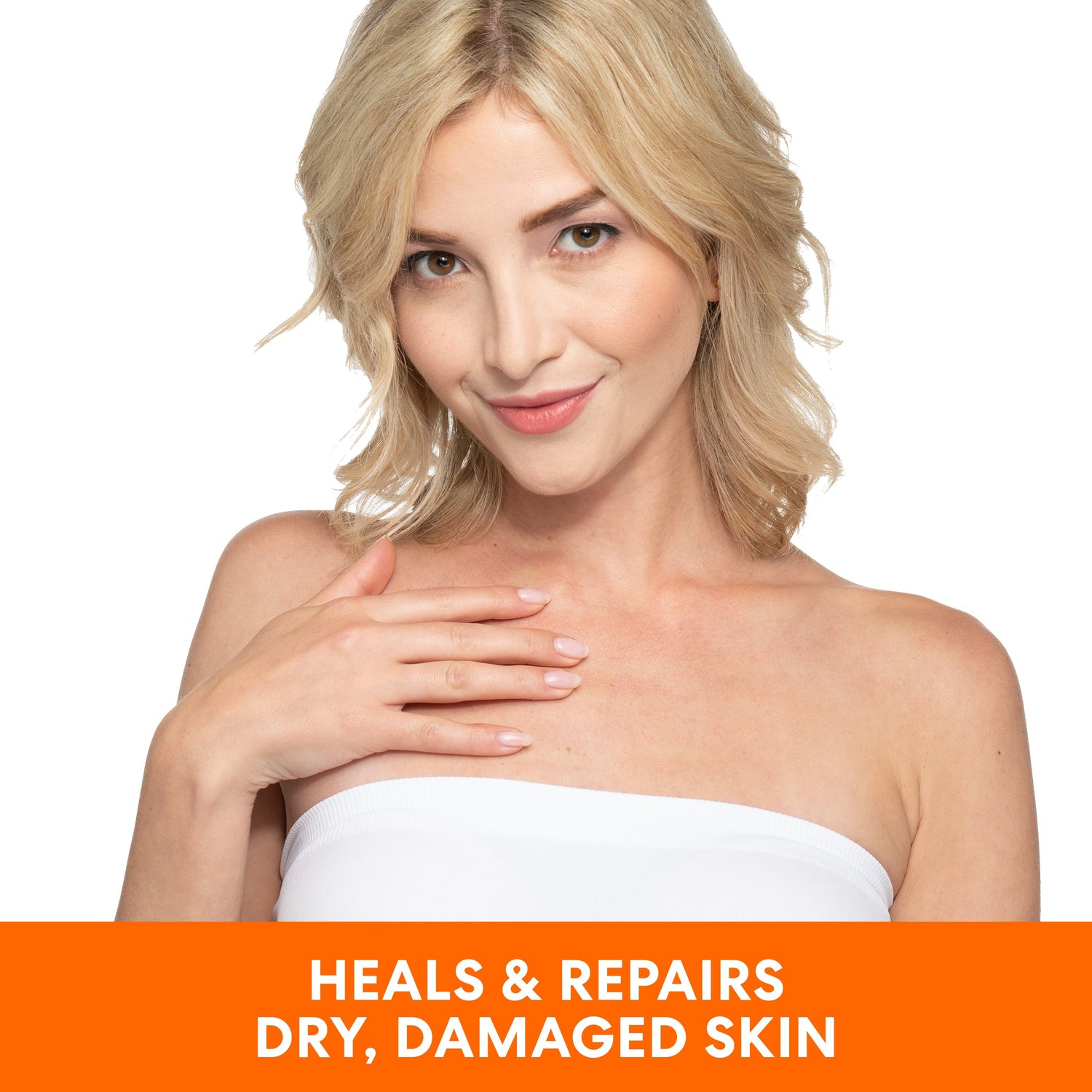 Woman promoting Palmer's Vitamin E Concentrated Cream for dry skin.
