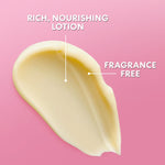 Vitamin E Body Lotion smear, labeled rich, nourishing, fragrance-free.