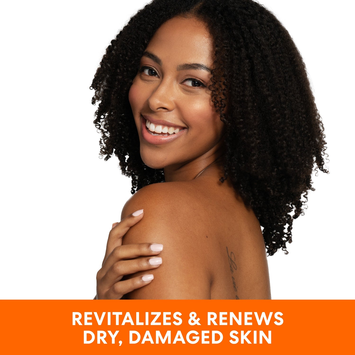 Woman smiling, promoting Palmer's Vitamin E Body Oil for revitalizing skin.