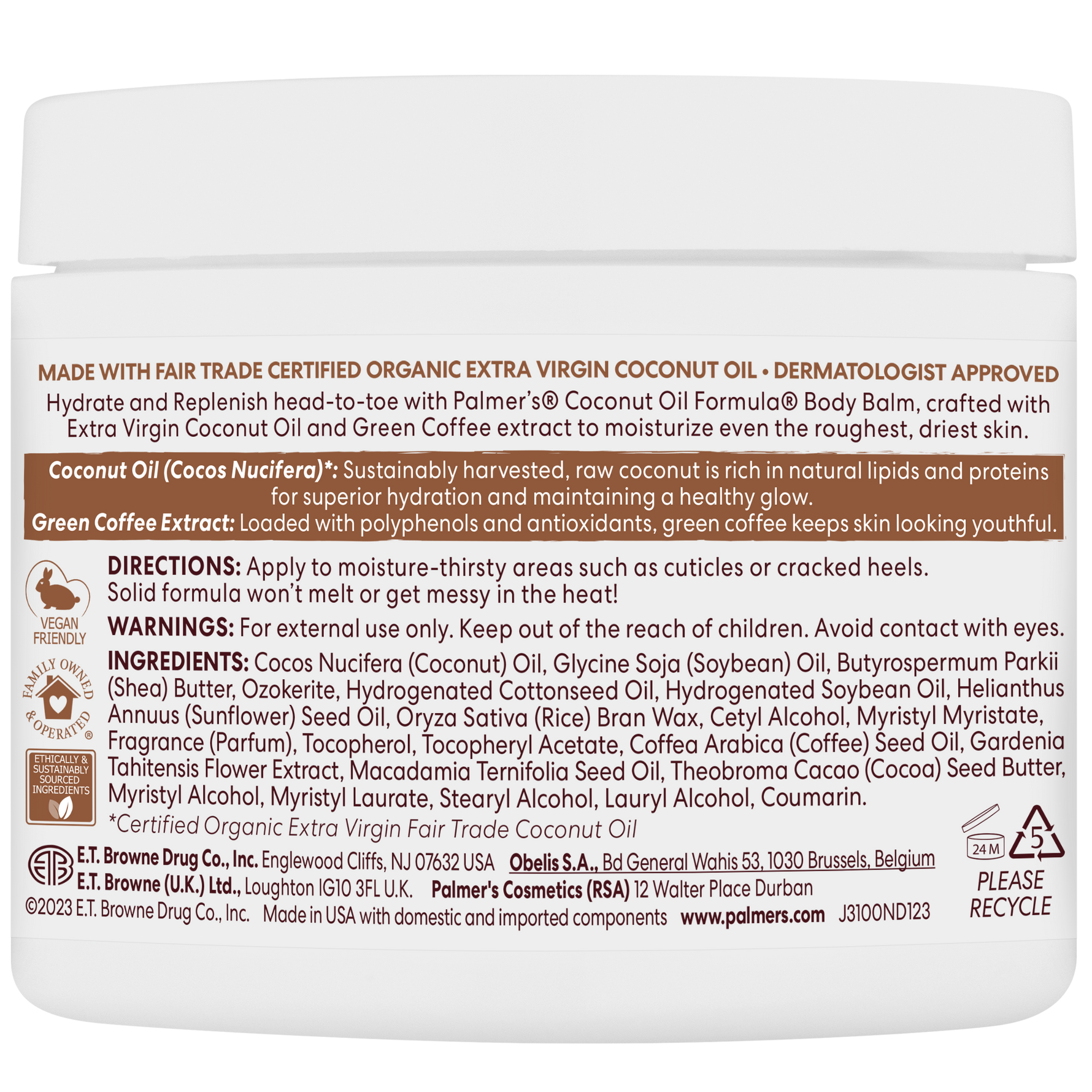 Body balm container with label detailing ingredients, directions, and branding.