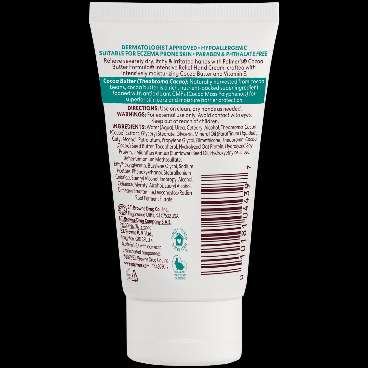 Back of Palmer’s Intensive Relief Hand Cream tube.