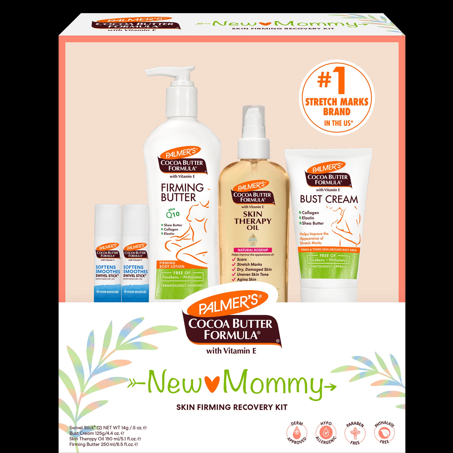 New Mommy Skin Firming Recovery Kit with lotion, oil, cream, and sticks.