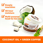 Coconut Hydrate Body Balm jar with coconut, green coffee beans.