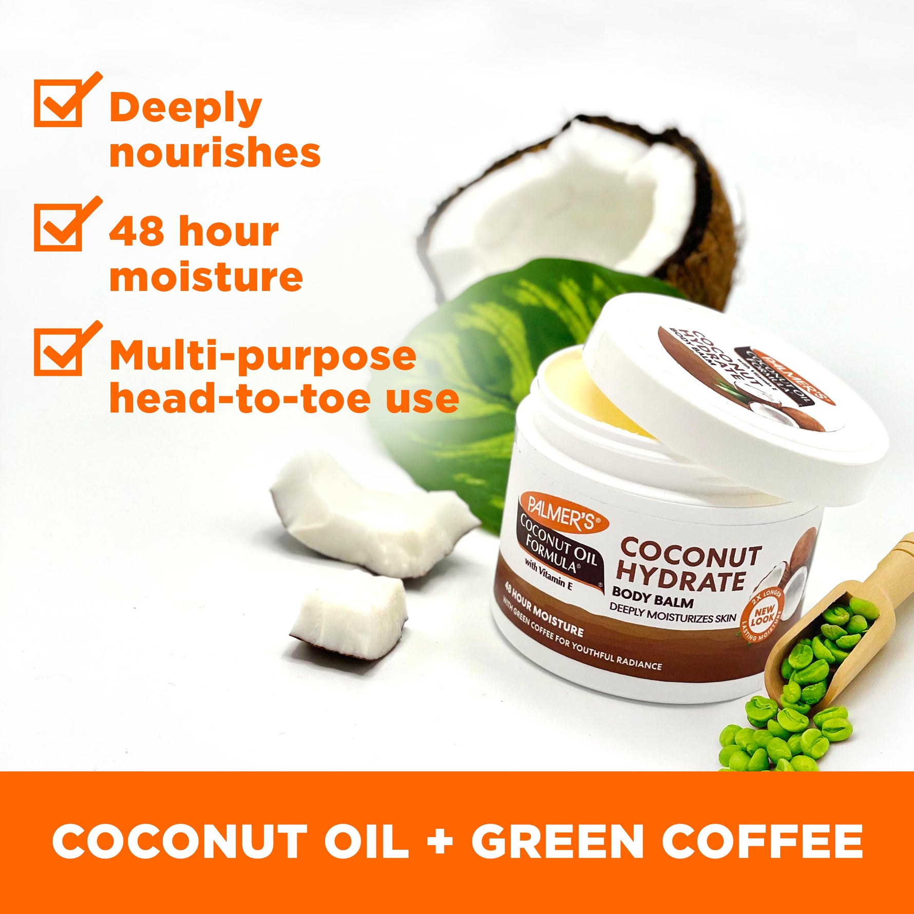 Coconut Hydrate Body Balm jar with coconut, green coffee beans.