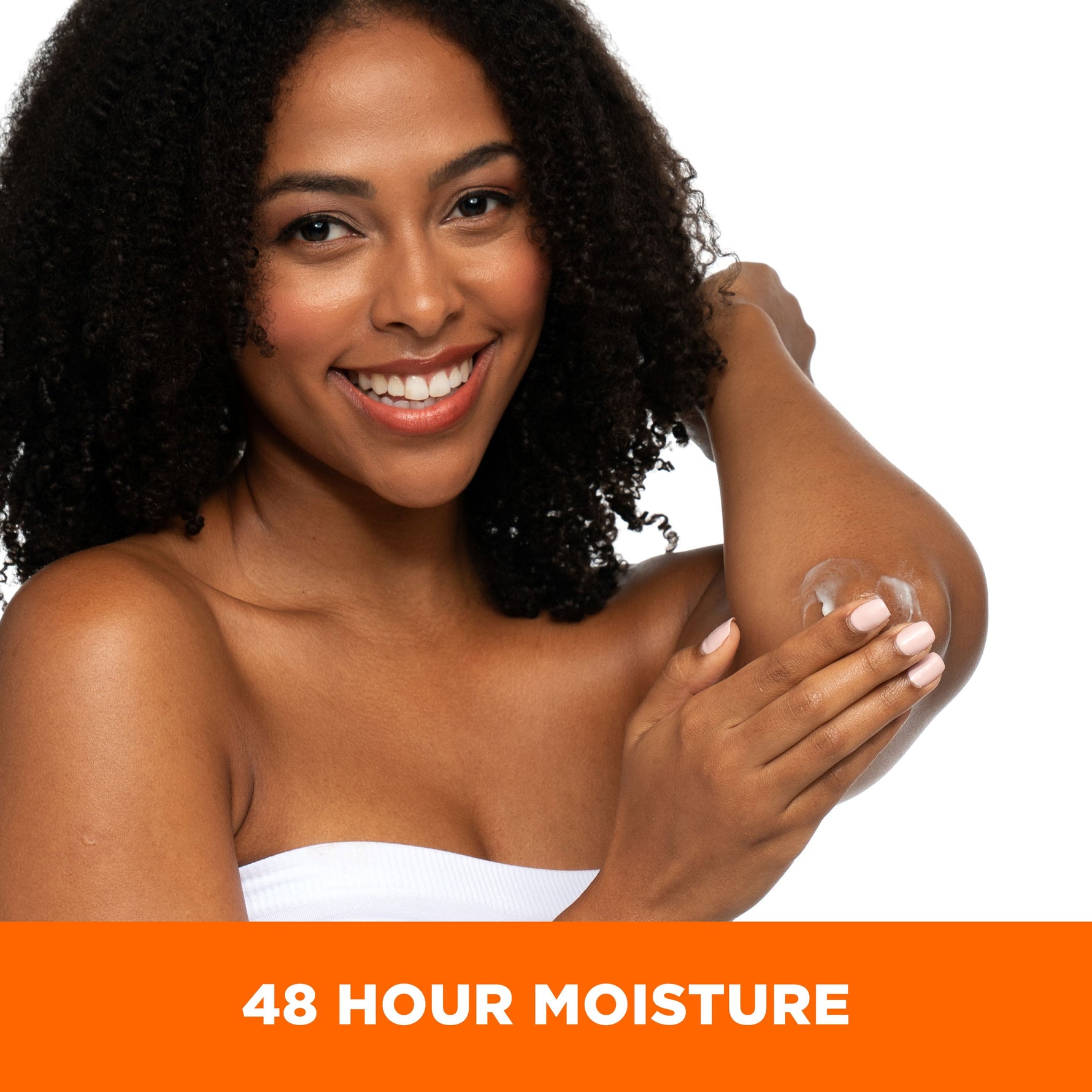 Woman applying Coconut Hydrate Body Balm to elbow, 48 HOUR MOISTURE banner shown.