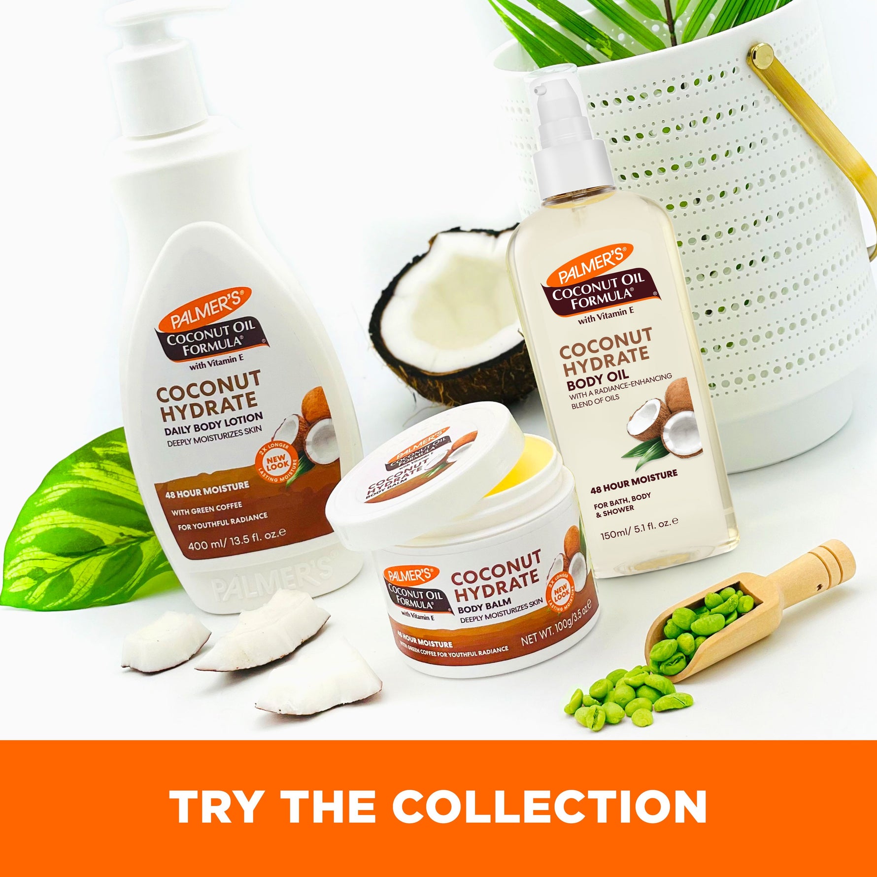 Coconut Hydrate Body Balm with coconuts and green coffee beans.