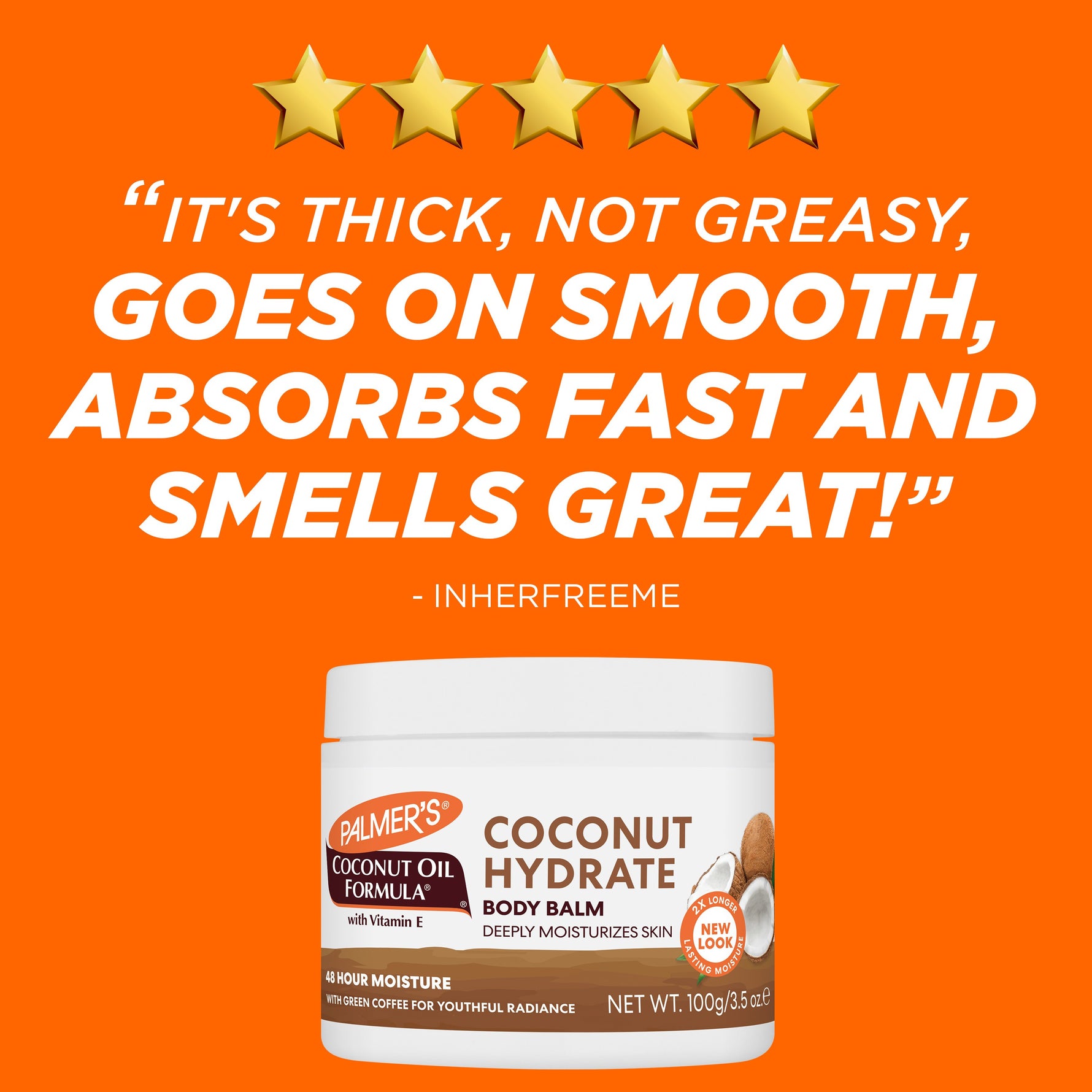 Coconut Hydrate Body Balm with five-star rating and customer testimonial.