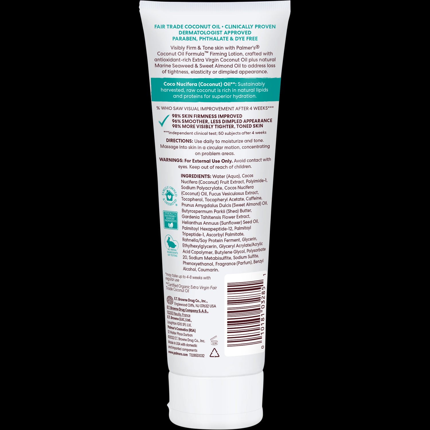 Coconut Hydrate Firming Lotion back with claims, benefits, and ingredients.