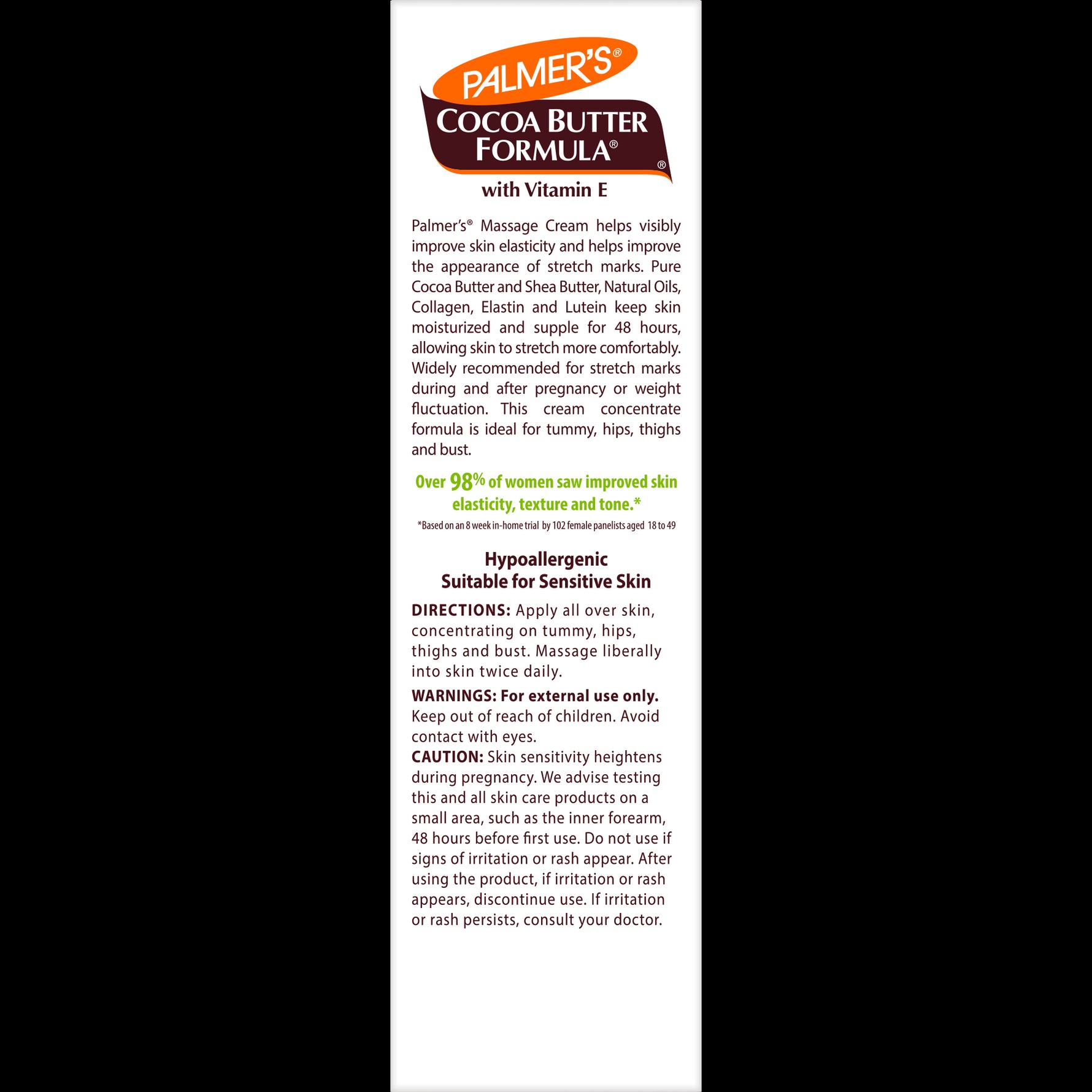 Cocoa Butter Massage Cream for Stretch Marks label detailing benefits and usage.