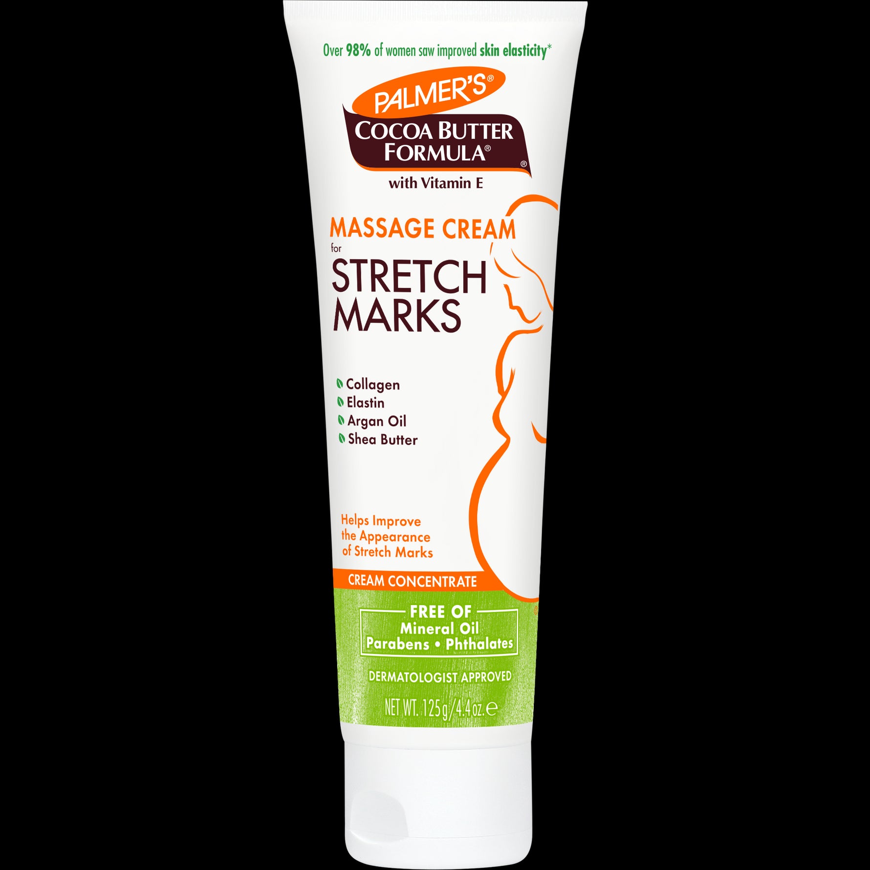 Cocoa Butter Massage Cream for Stretch Marks tube with key ingredients.