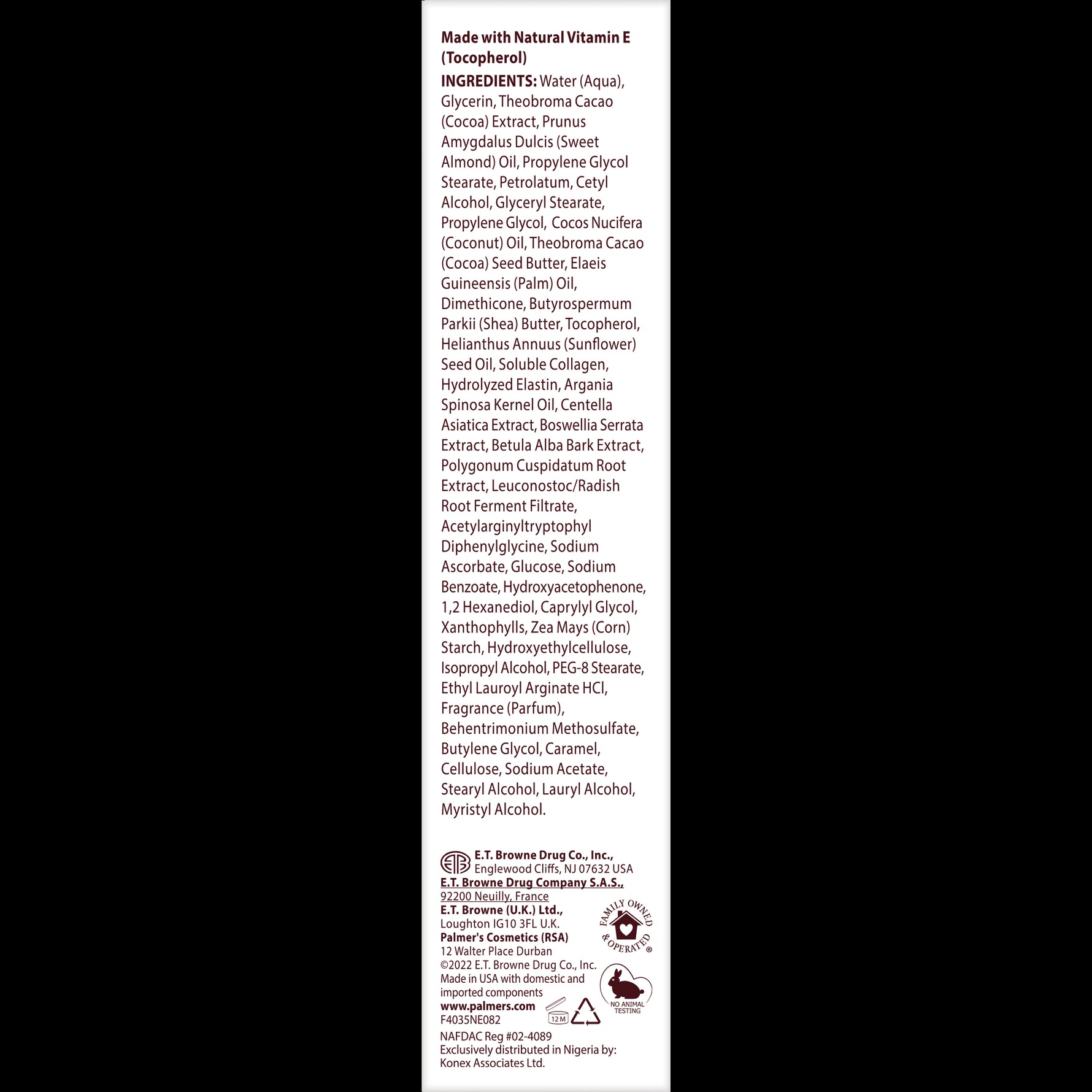 Cocoa Butter Massage Cream label detailing ingredients and manufacturer.