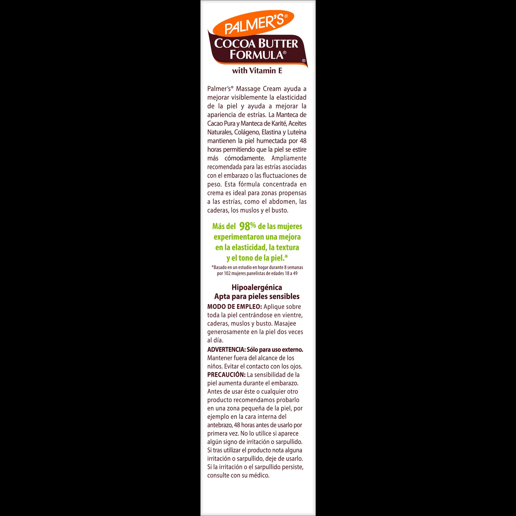 Cocoa Butter Massage Cream for Stretch Marks label in Spanish.