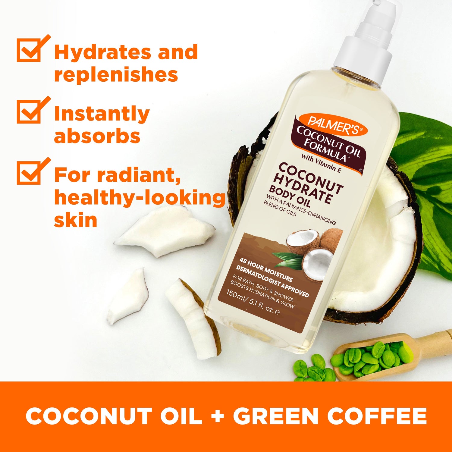 Palmer’s Coconut Hydrate Body Oil with coconut, green coffee, benefits.
