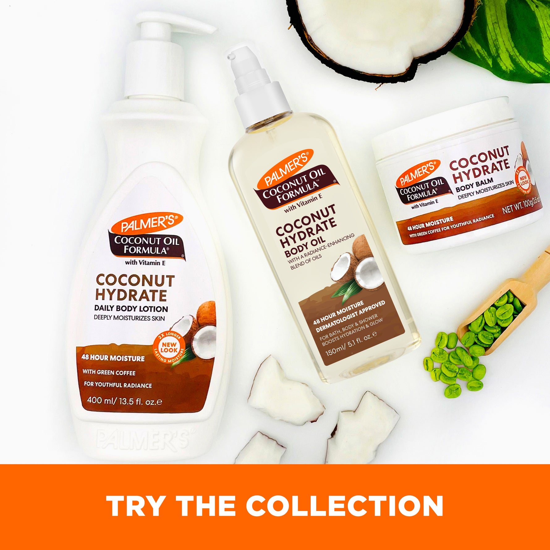 Palmer’s Coconut Hydrate Body Oil with coconuts and green coffee beans.