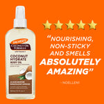 Coconut Hydrate Body Oil in a clear pump bottle with user praise.