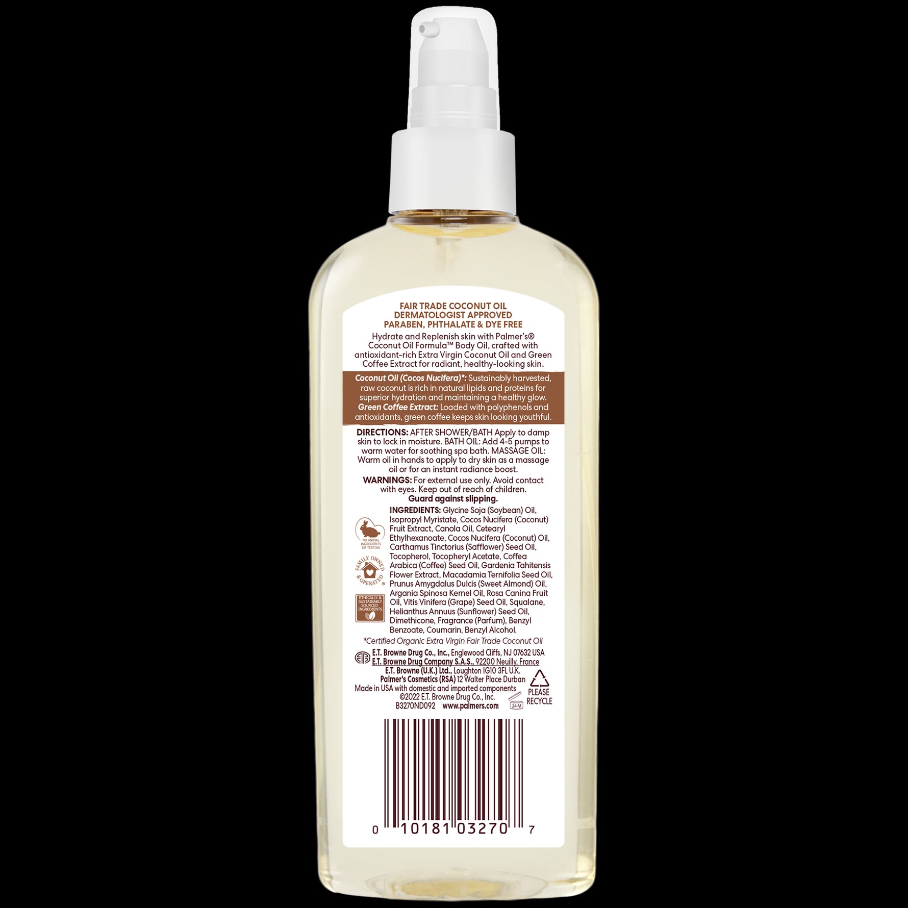 Back of Coconut Hydrate Body Oil bottle, highlighting fair trade coconut oil.