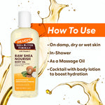 Palmer’s Raw Shea Nourish Body Oil bottle with usage suggestions.