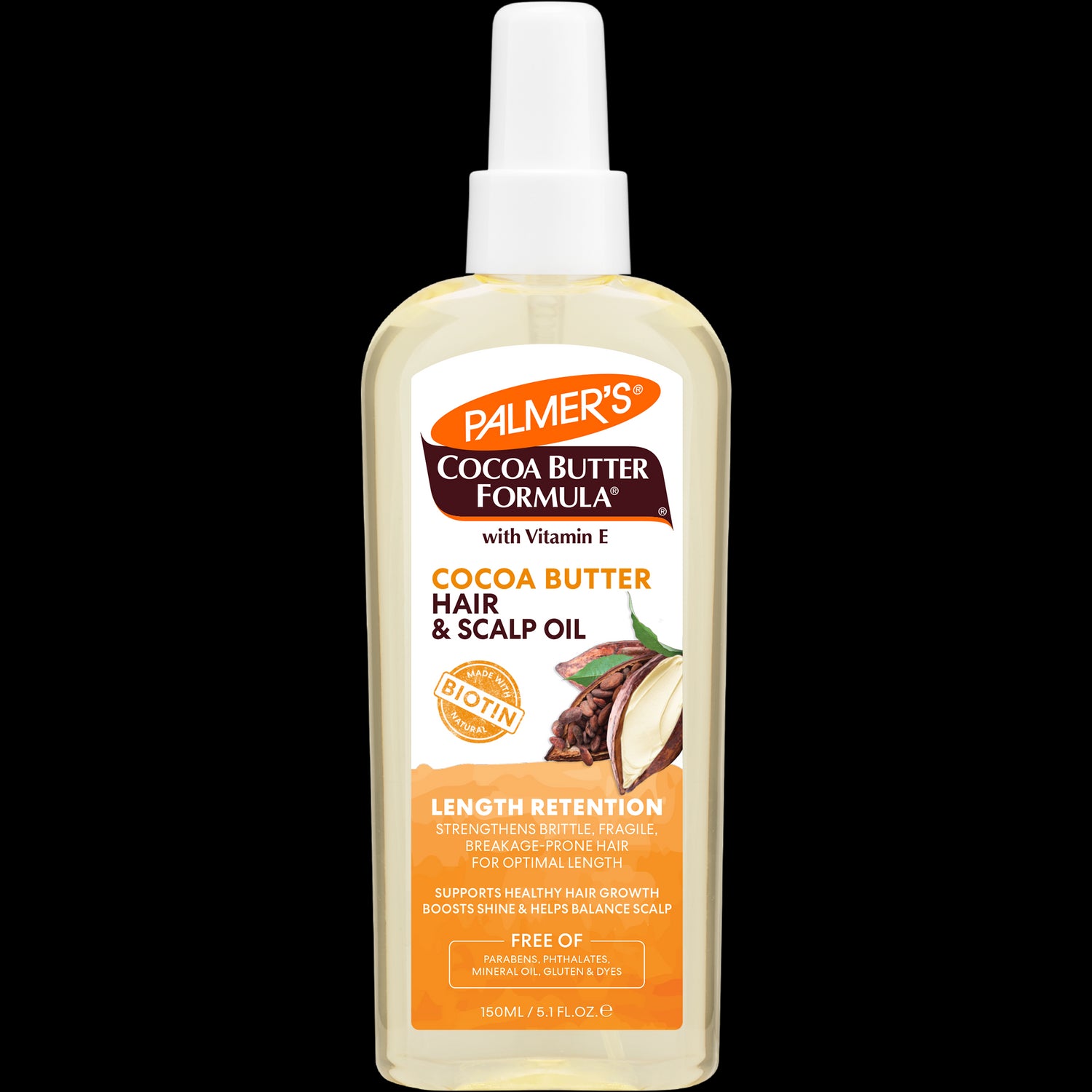 Cocoa Butter Hair & Scalp Oil bottle, biotin-enriched for strengthening hair.
